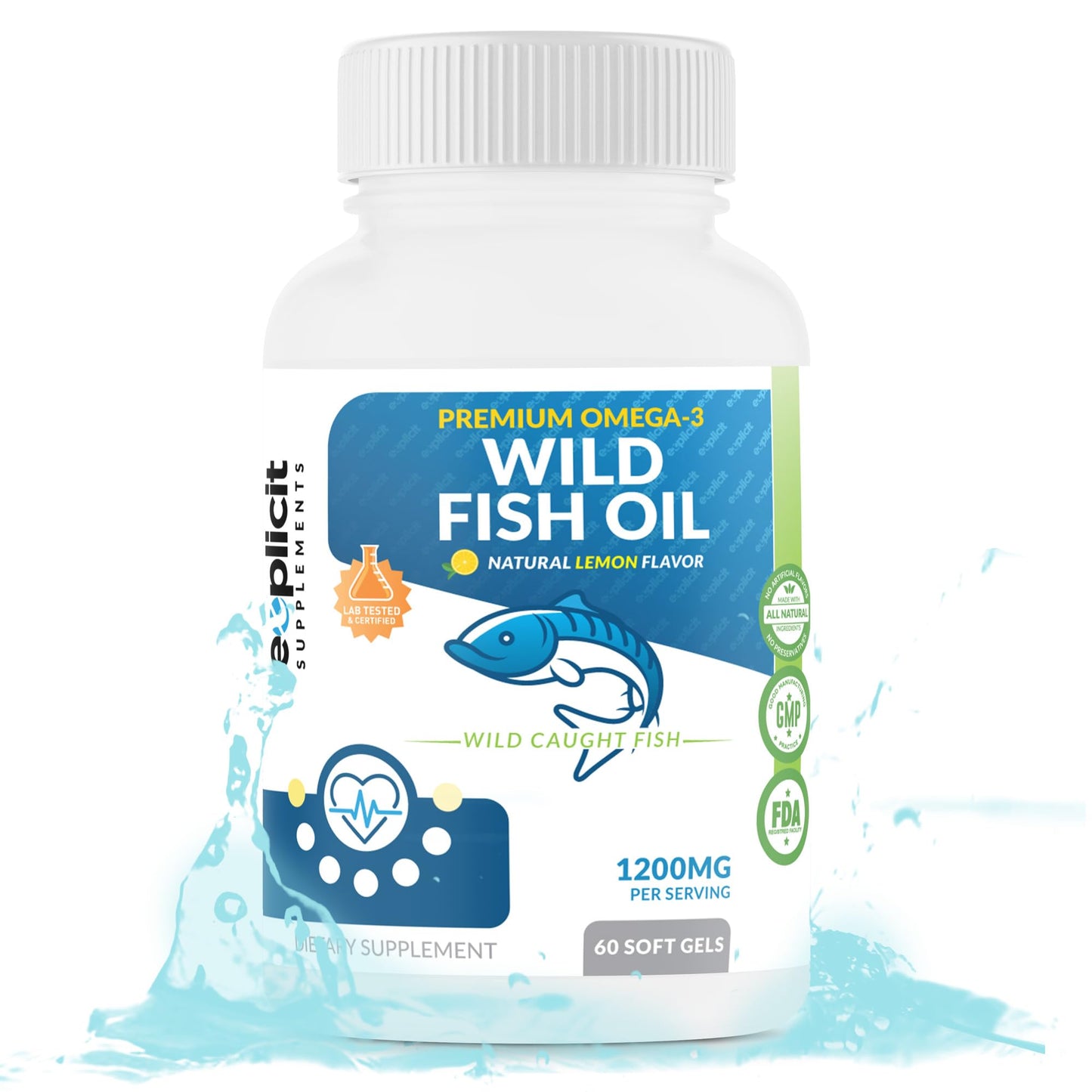 eXplicit Supplements Wild Fish Oil Omega 3 - EPA/DHA - Burpless, Lemon Flavored Non-GMO, Gluten & Soy Free – 1200mg per Serving, 60 Servings, 60 Capsules