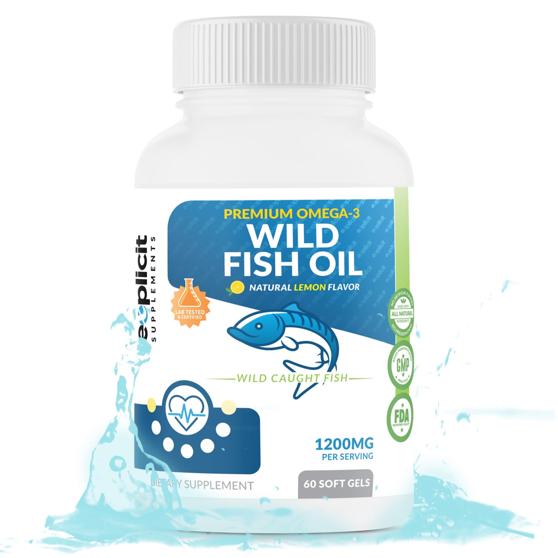 eXplicit Supplements Wild Fish Oil Omega 3 - EPA/DHA - Burpless, Lemon Flavored Non-GMO, Gluten & Soy Free – 1200mg per Serving, 60 Servings, 60 Capsules