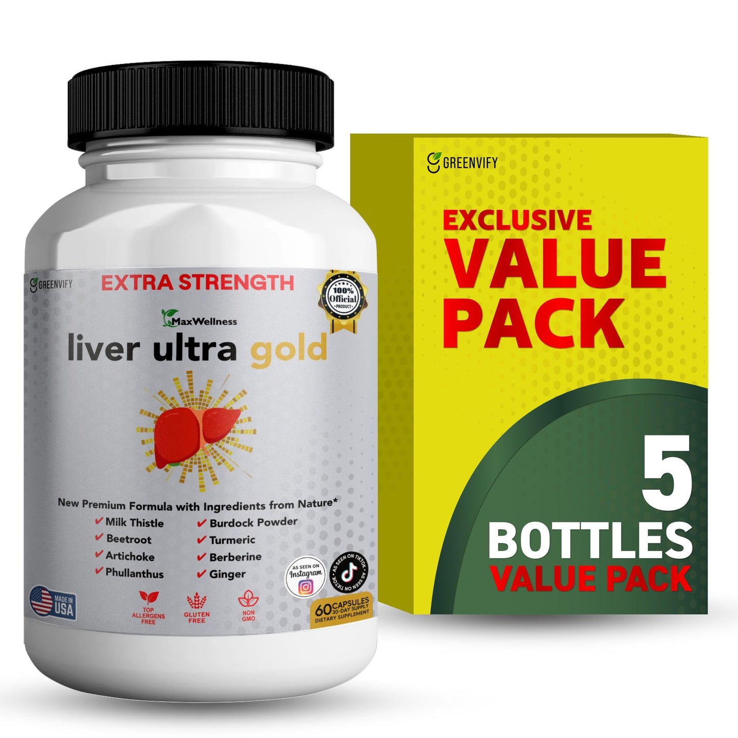 GREENVIFY Liver Ultra Gold Extra Strength Supplement Capsules 300 Count