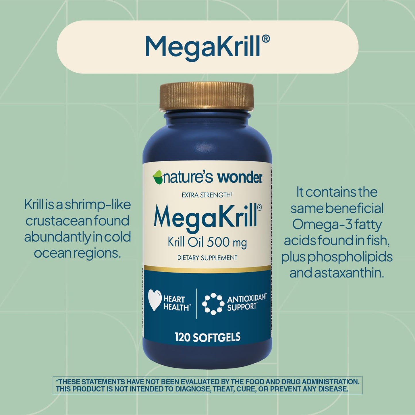 Nature's Wonder Extra Strength Mega Krill Oil 500mg EPA & DHA Softgel, 120 Count