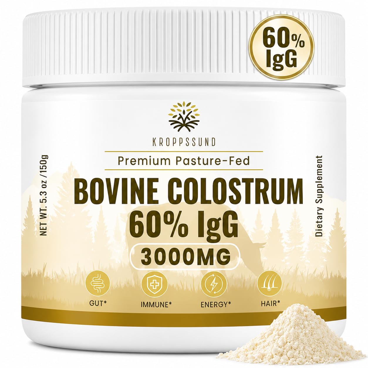 Kroppssund Bovine Colostrum Powder Supplement 3000 mg - Extra High 60% IgG Bovine Colostrum - Gut, Bone, Exercise, Immune - 50 Servings (1 Bottle)