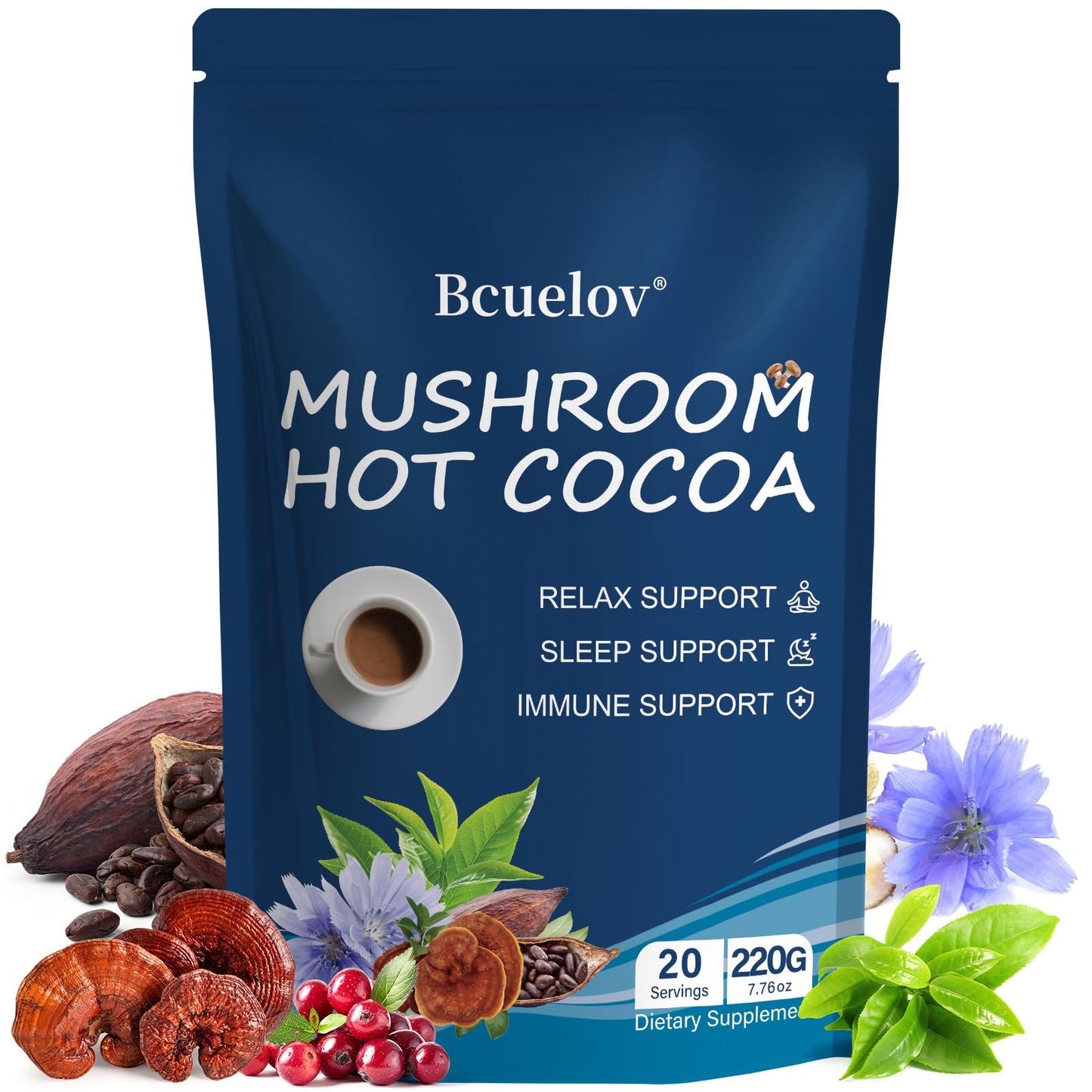 Bcuelov Mushroom Hot Cocoa Powder with Reishi Mushroom, Melatonin, Glycine, Cacao, L-Theanine, Chicory to Help Fall Asleep and Stay Asleep, 7.76 Ounce