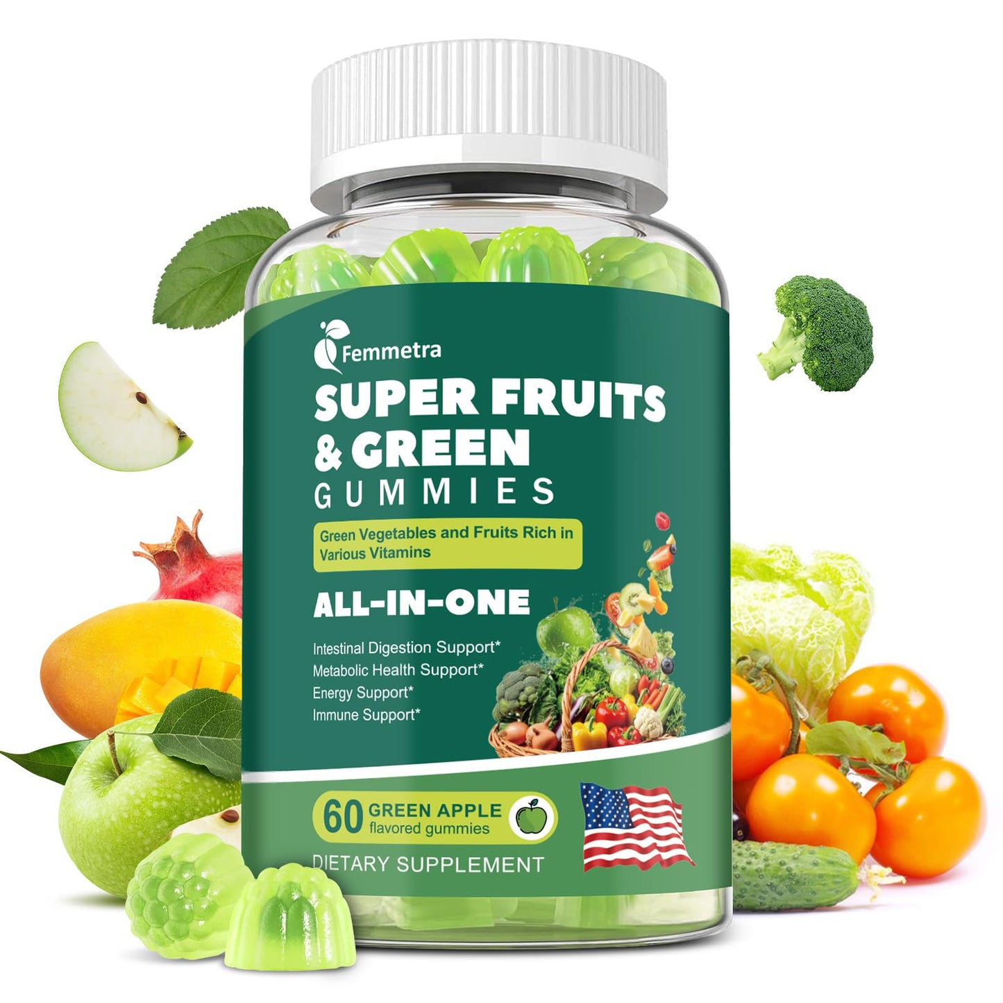 Femmetra 61-in-1 Supergreens Daily Gummies for Women and Men, Multivitamin Superfood Gummies with Probiotics for Metabolic, Energy, and Digestive Health, Sugar Free, Green Apple Flavor, 60 Count
