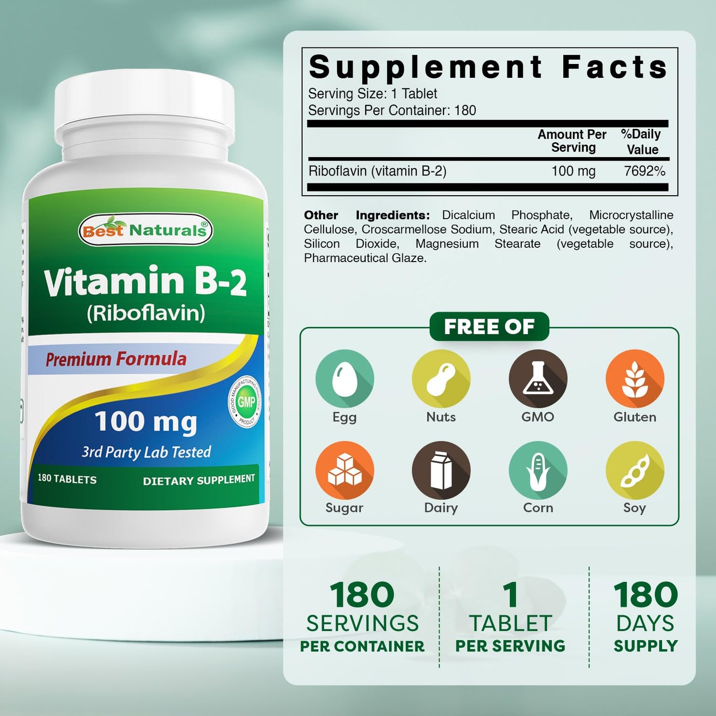 Best Naturals Vitamin B2 (Riboflavin) 100 mg Tablet, 180 Tablets
