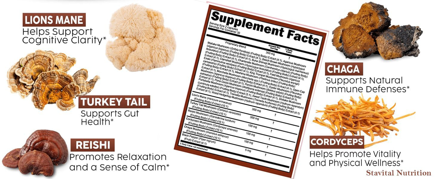 Stayvital Nutrition Organic Mushroom 20-in-1 Supplement 1200mg Vegan Capsules, 60 Count