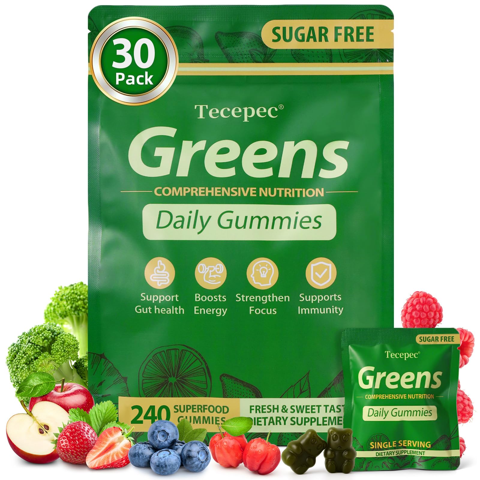 Tecepec Sugar Free Greens Daily Gummies with Spirulina & Chlorella 240 Count