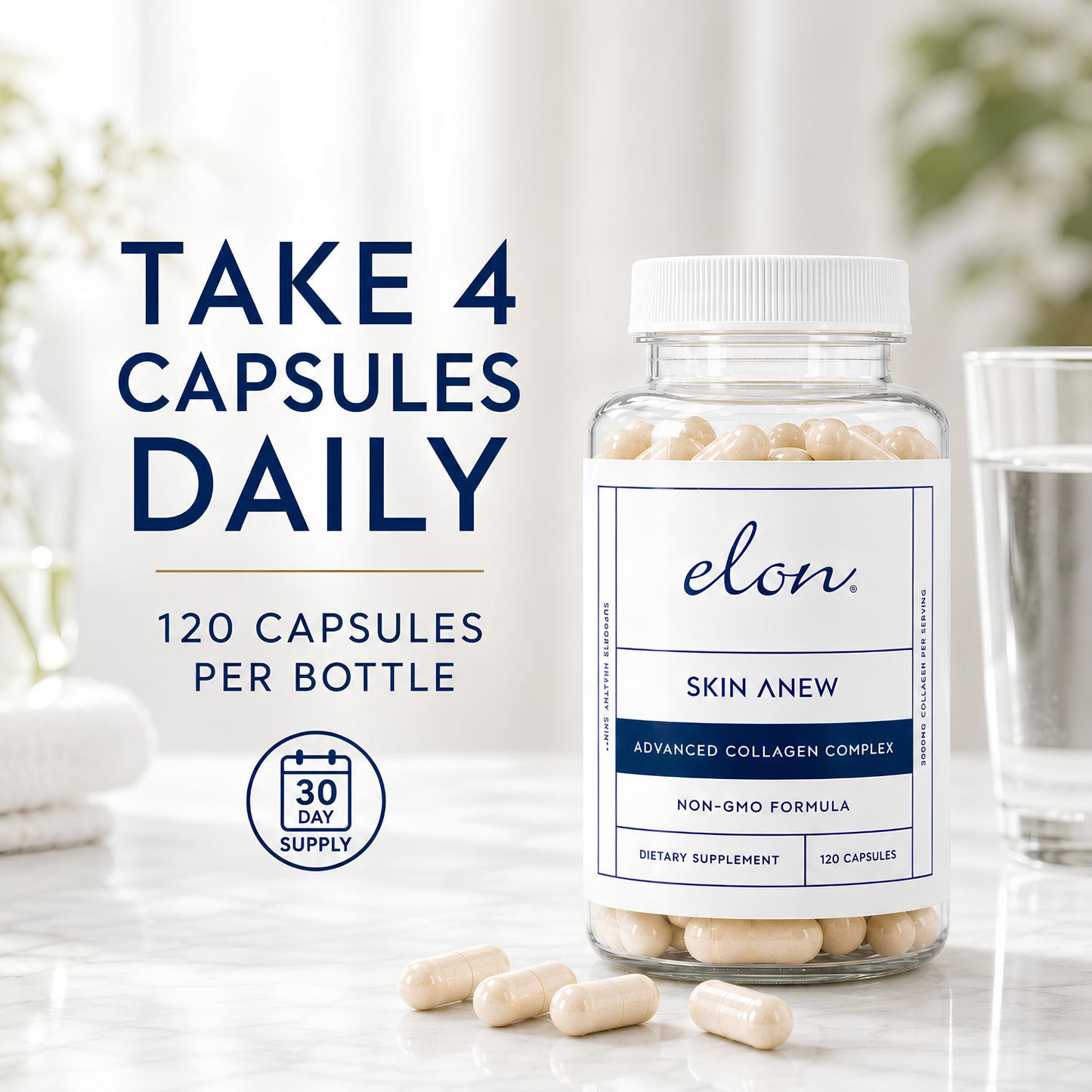 Elon Skin Anew with Hydrolyzed Collagen 3000 mg per Serving Hydrating & Anti Aging Supplement for Vibrant Skin Health 120 Capsules