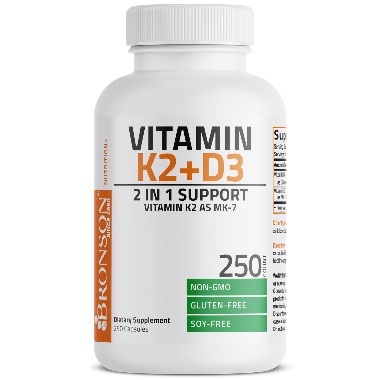 Bronson Vitamin K2 D3 (MK7) Supplement 2-in1 D3 & K2 Complex, 250 Capsules