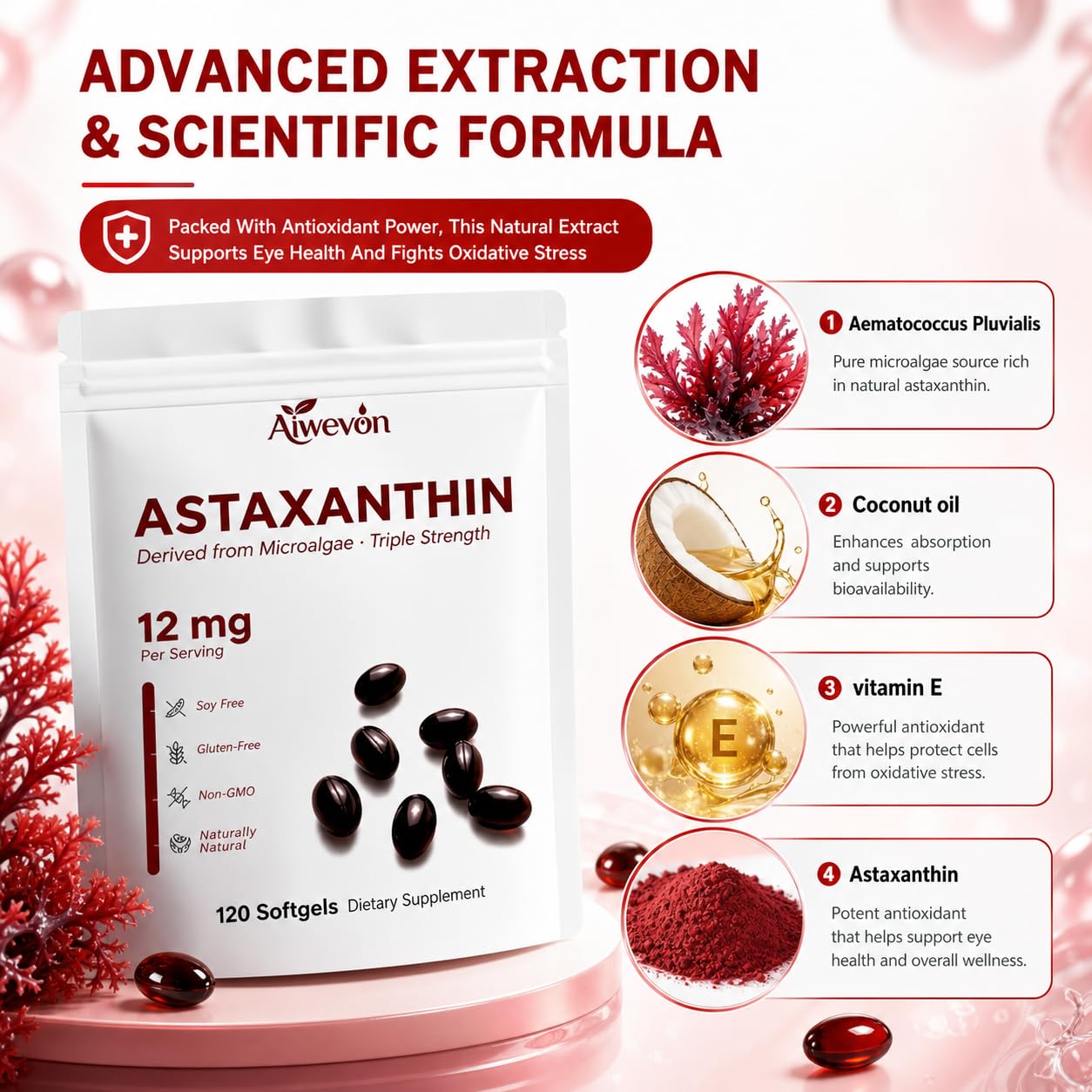 Aiwevon Natural Astaxanthin 12mg Softgels, 120 Count