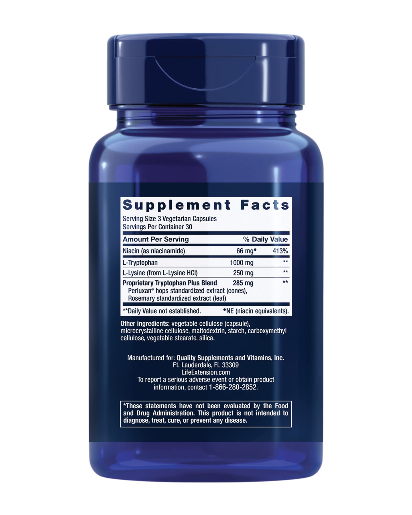Life Extension Optimized Tryptophan Plus 1000mg L-Tryptophan Supplement with Niacin and L-Lysine Capsules, 90 Count