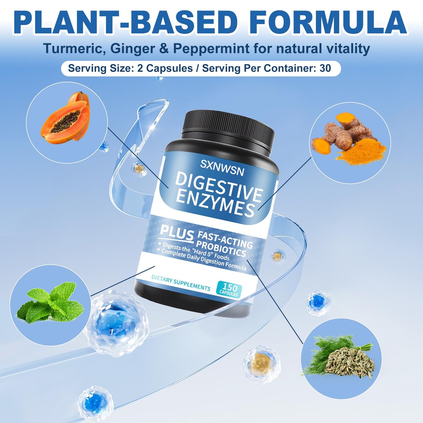 SXNWSN Digestive Enzymes with Bromelain for Gut Health, 150 Vegan Capsules