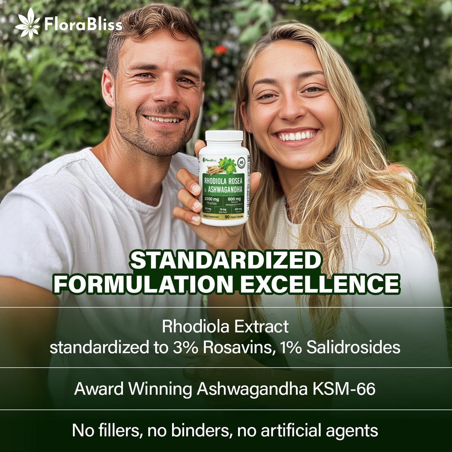 FloraBliss Rhodiola Rosea with Ashwagandha, L-Theanine, Holy Basil & Black Pepper 90 Capsules
