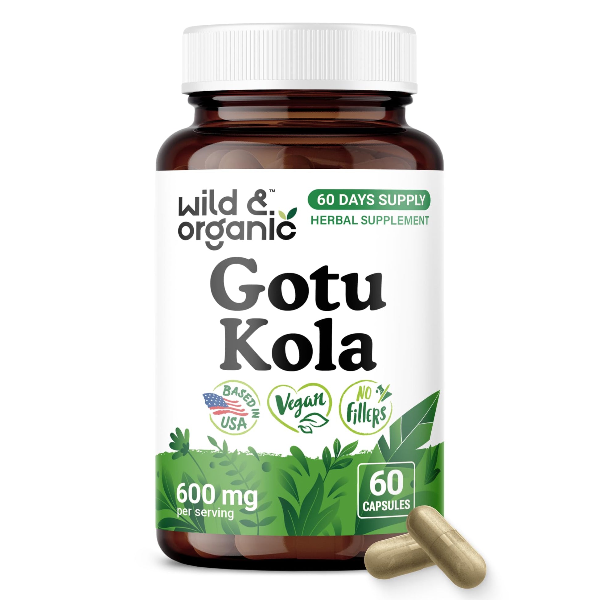 Wild & Organic Gotu Kola 600 mg Capsules, 60 Count