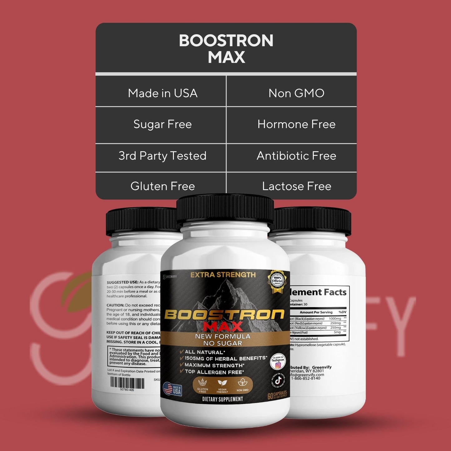 GREENVIFY Boostron Max Extra Strength Maca Root Complex, Organic Blend Capsules, 60 Count