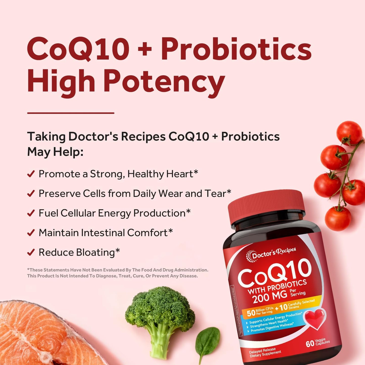 Doctor's Recipes CoQ10 with Probiotics 200 mg, 50 Billion CFUs from 10 Strains Per Serving, Bioavailable Ubiquinone for Heart & Gut, 60 Vegan Capsules, Non-GMO