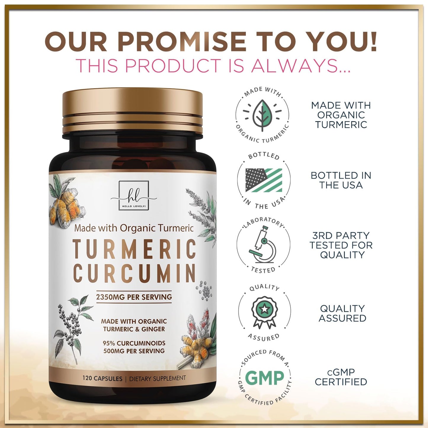 Hello Lovely! Turmeric Curcumin Supplement with 95% Curcuminoids, Organic Turmeric & Ginger 1750mg, BioPerine Black Pepper for Best Absorption, Nature's Vegan Joint Support, Non-GMO, 120 Capsules