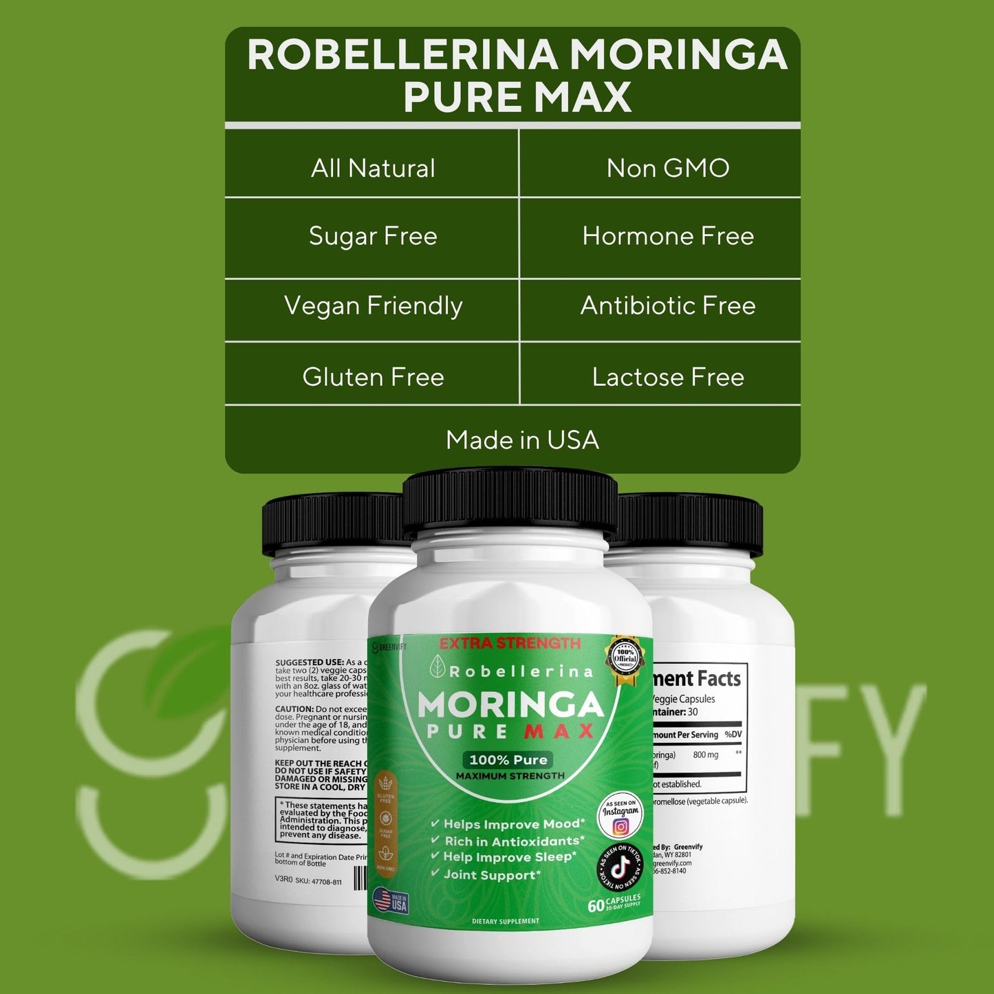 GREENVIFY Robellerina Moringa Pure Max Dietary Supplement Capsule, 60 Count