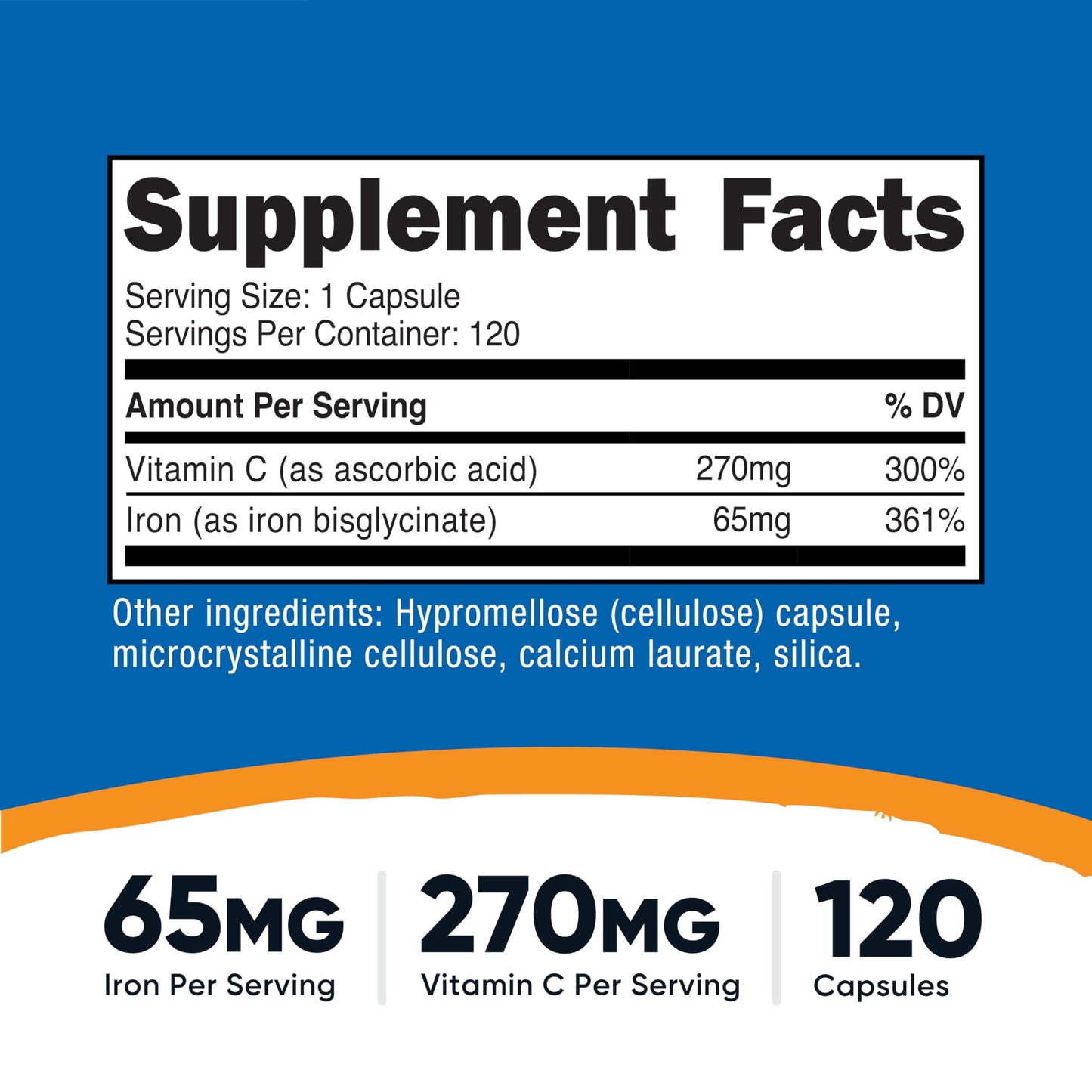 Nutricost Iron (65mg) with Vitamin C (270mg) Capsules, 120 Count
