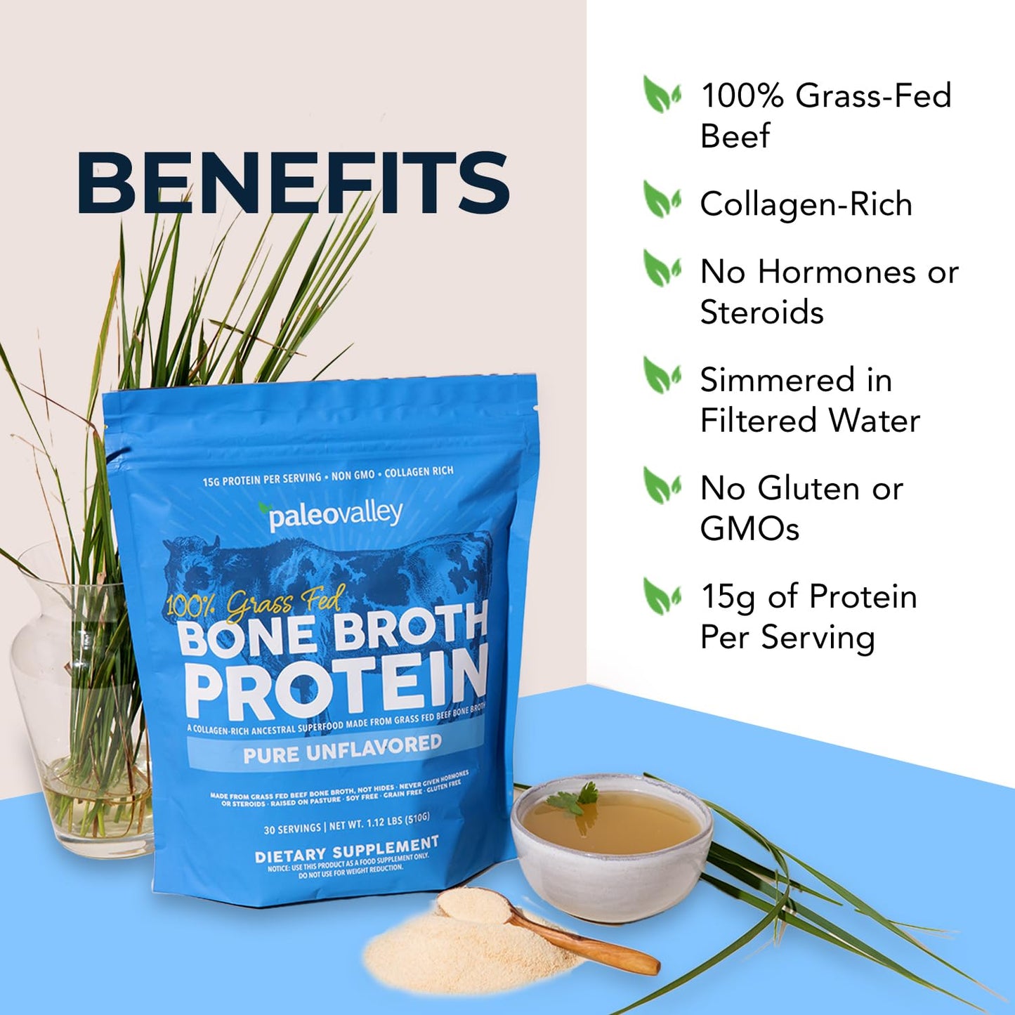 Paleovalley 100% Grass Fed Beef Bone Broth Protein Powder, 16.8 oz