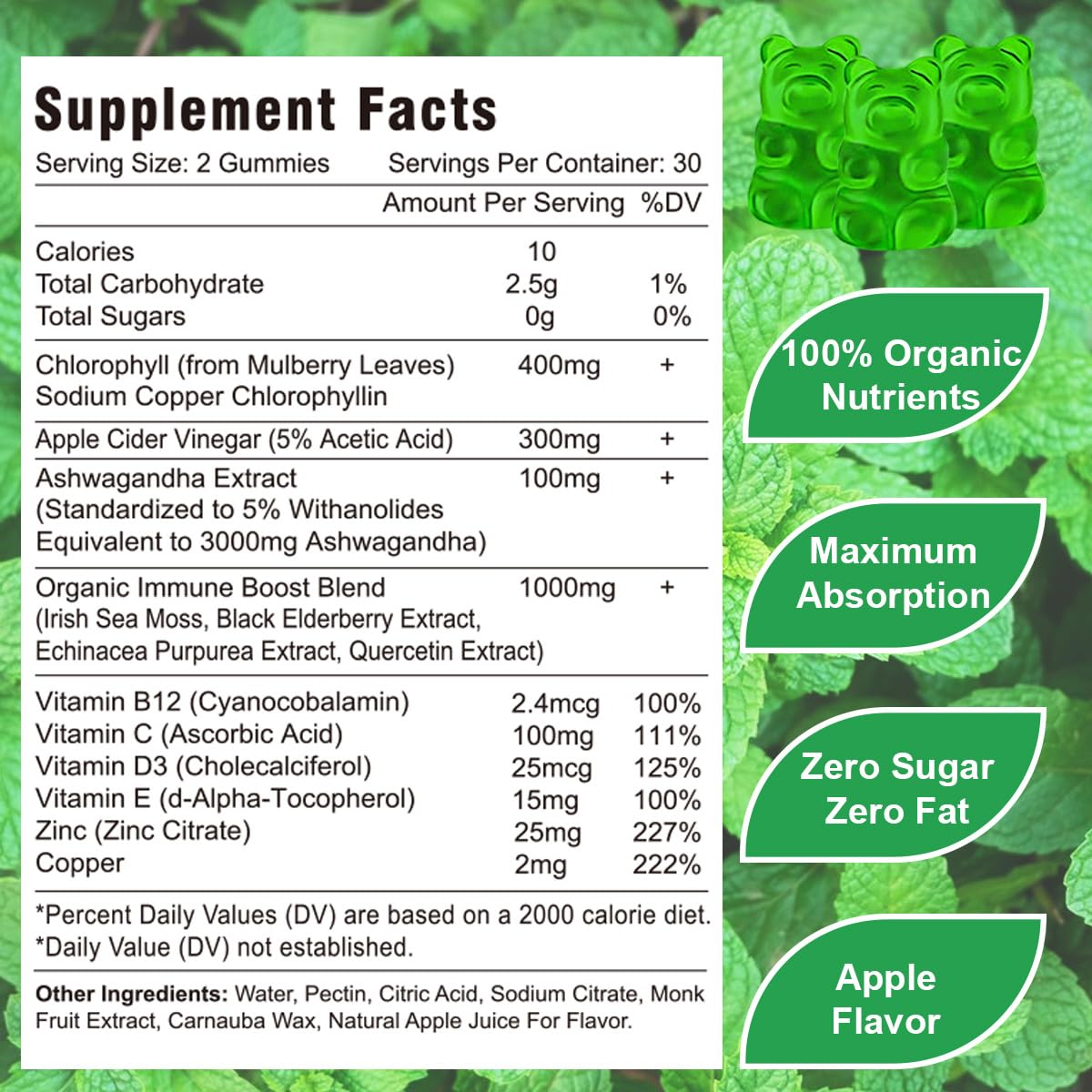 Vazatisi Chlorophyll Gummies - Super Green 13 in 1 with Ashwagandha, Vitamin C, Zinc & Copper for Body Odor, Skin, Energy, Immunity Support, Deodorant for Women, 120 Count
