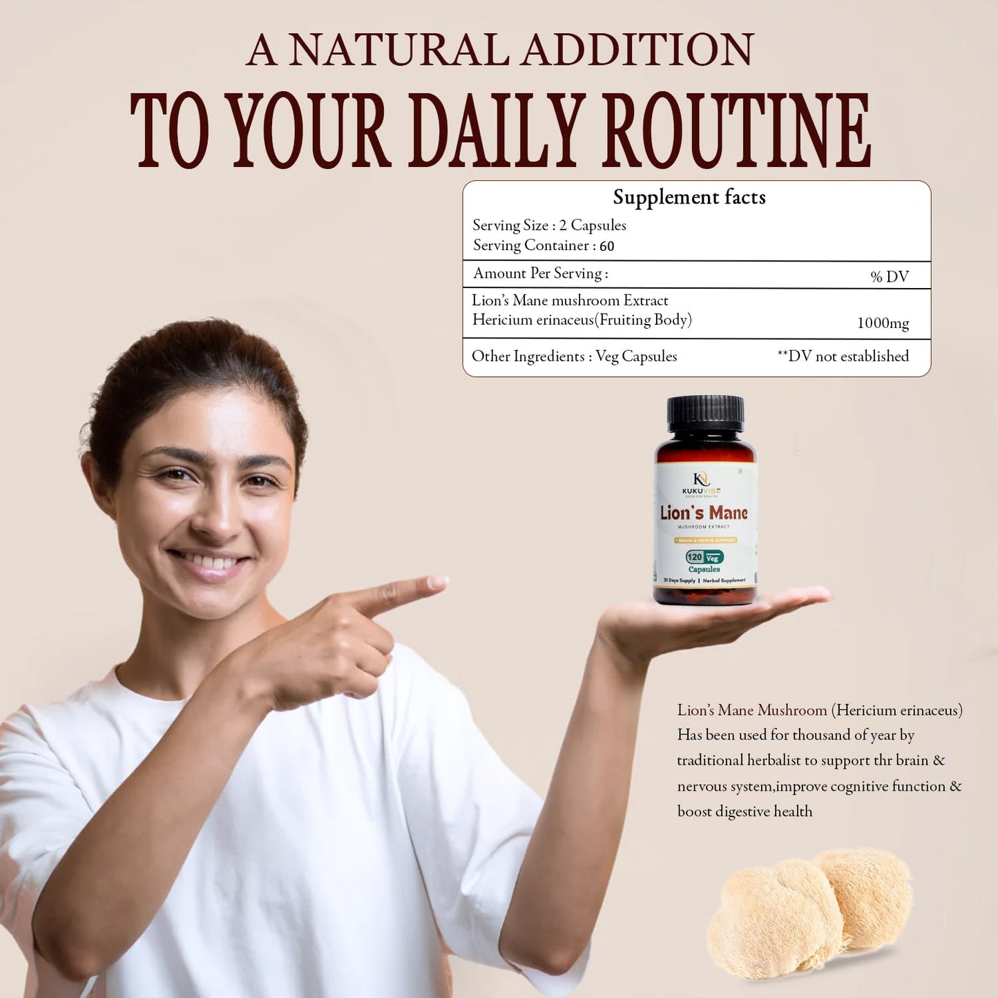 kukuvibe Lion's Mane Mushroom Capsules 120 Capsules