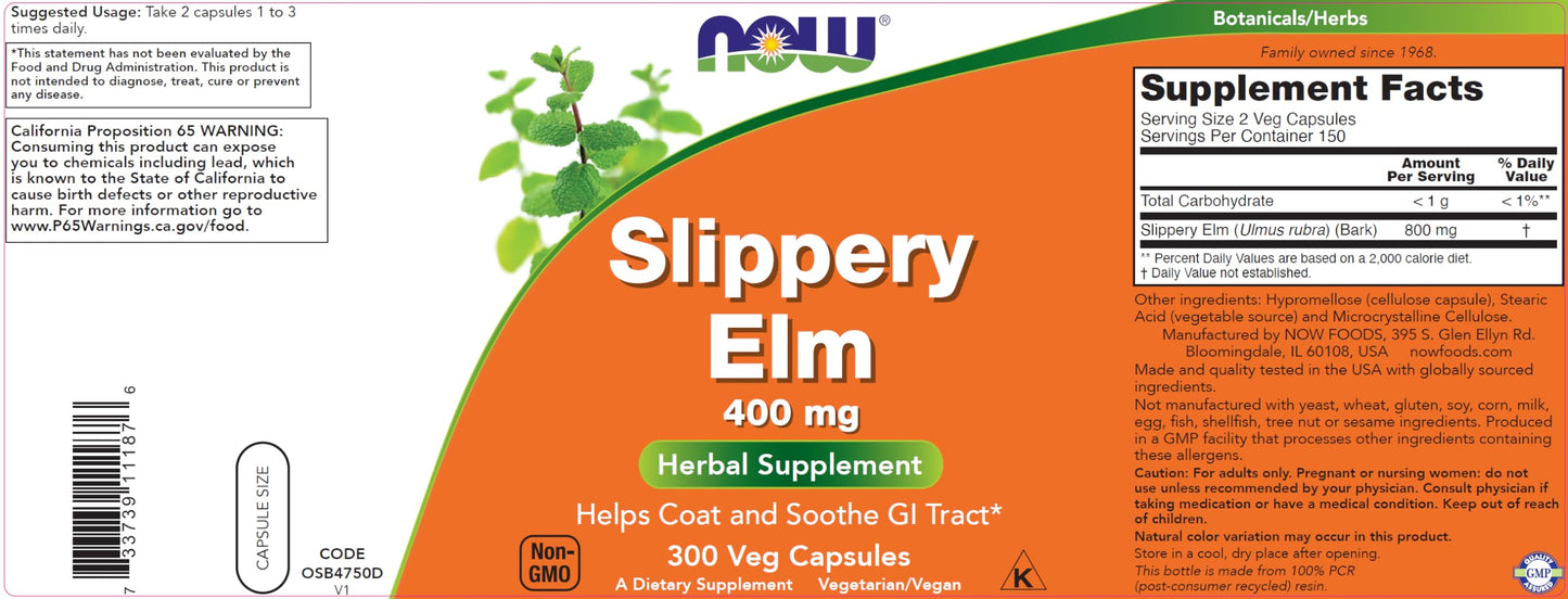 NOW Foods Slippery Elm 400 mg Capsules, 300 Count