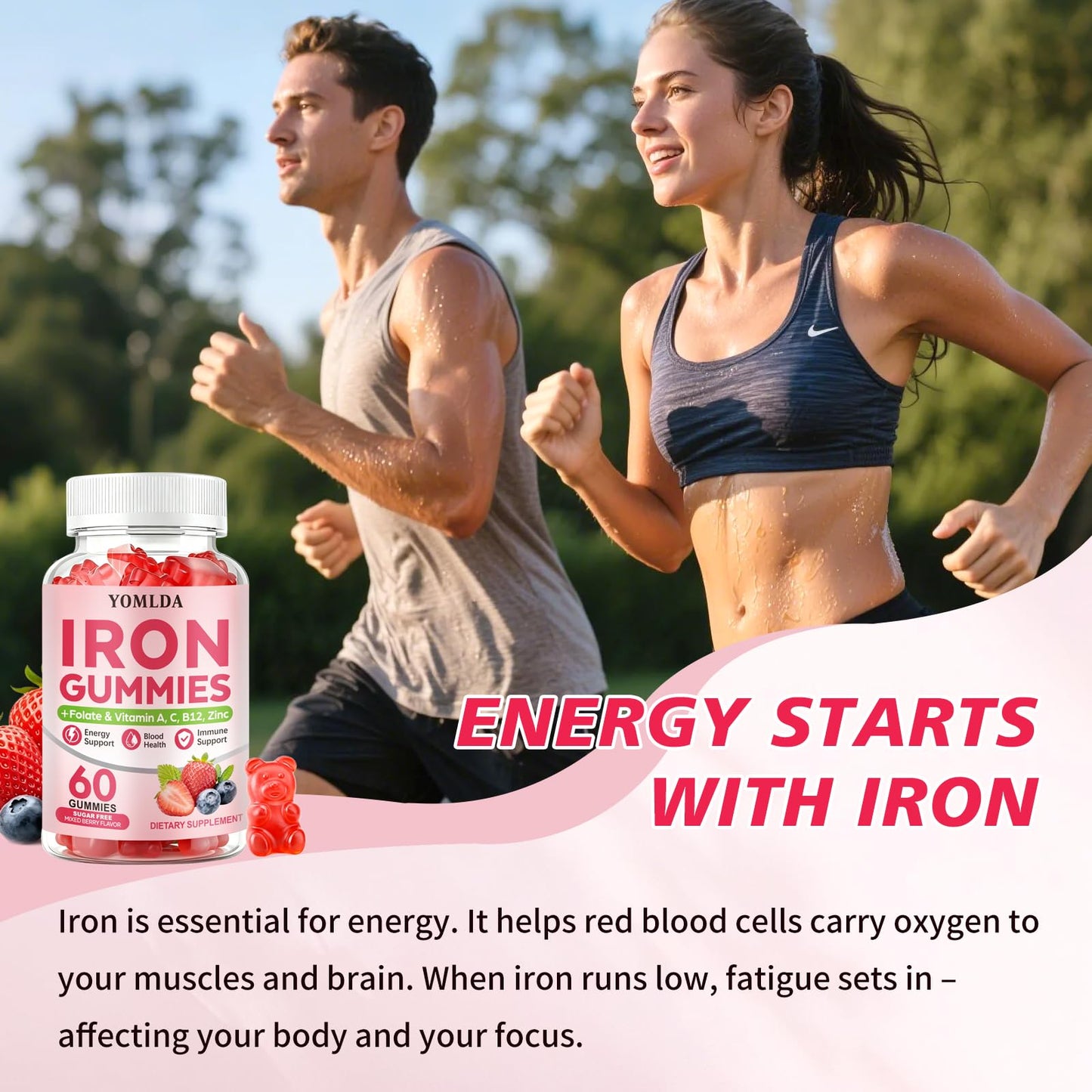 YOMLDA Iron Gummies for Women, Men & Kids - Vegan Sugar-Free with Vitamin C, A, B-Complex & Folate for Energy, Blood & Immune Support, 60 Gummies