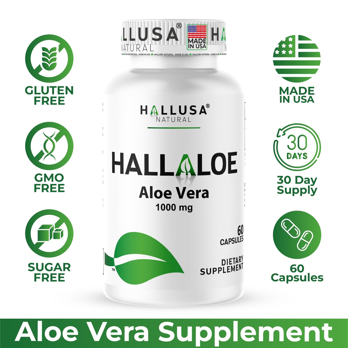Hallusa Natural HallAloe Aloe Vera Supplement Capsules, 1000mg per Serving, 60 Count
