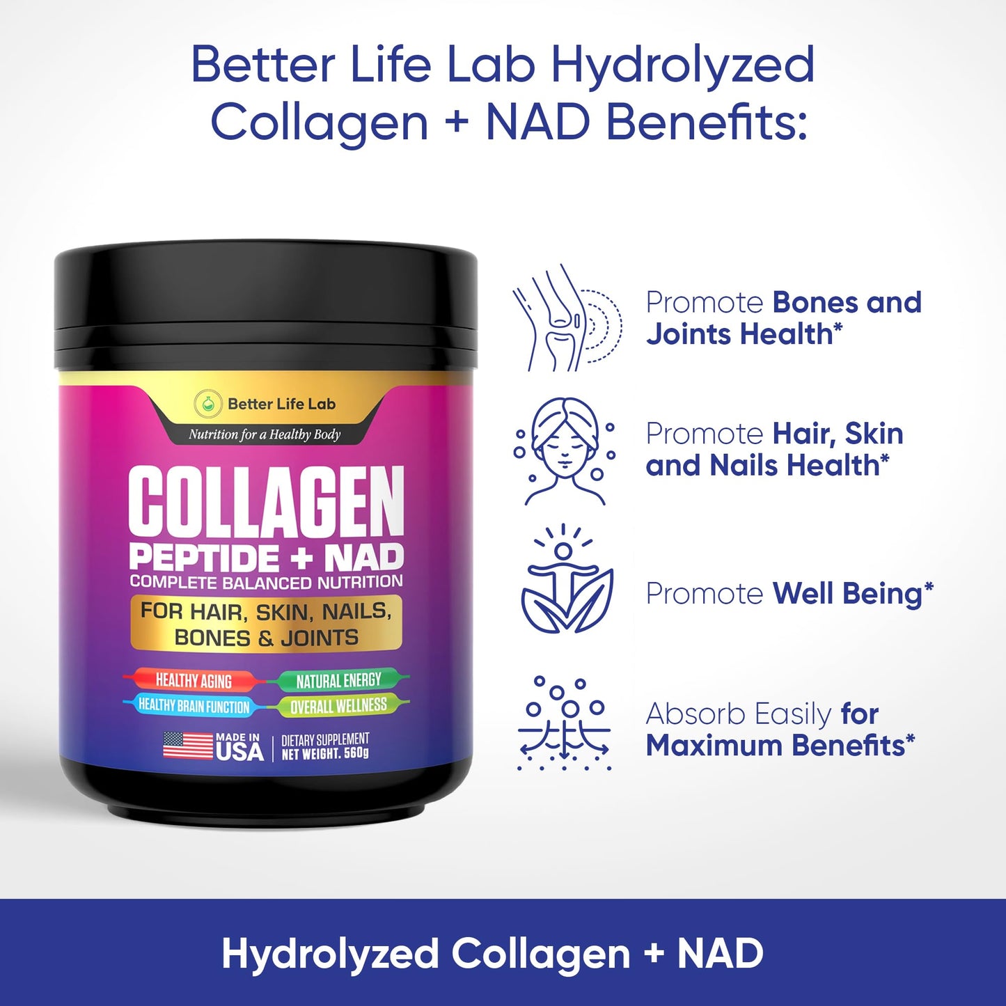 BETTER LIFE LAB Hydrolyzed Collagen Peptides with NAD Powder, 60 Count
