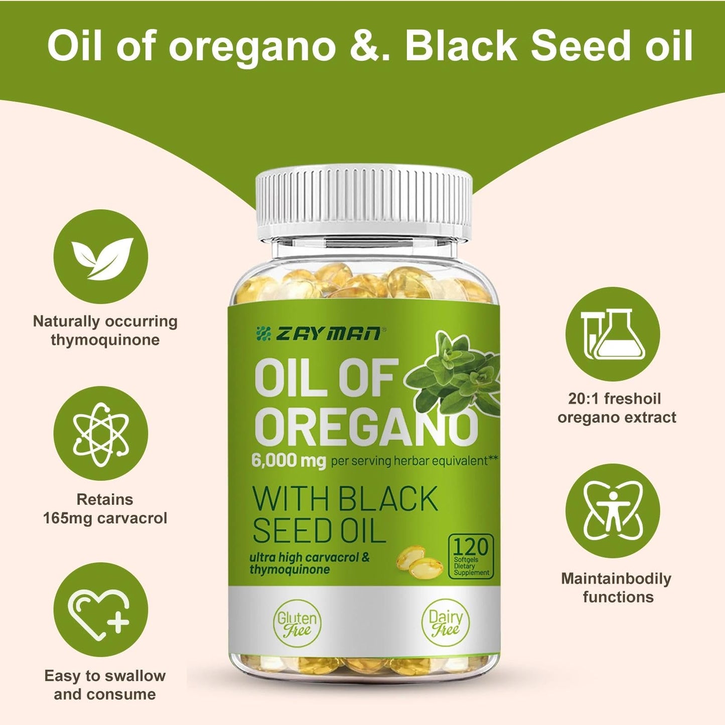 ZAYMAN Oil of Oregano Softgels 6000mg with Black Seed Oil 200mg, 120 Softgels