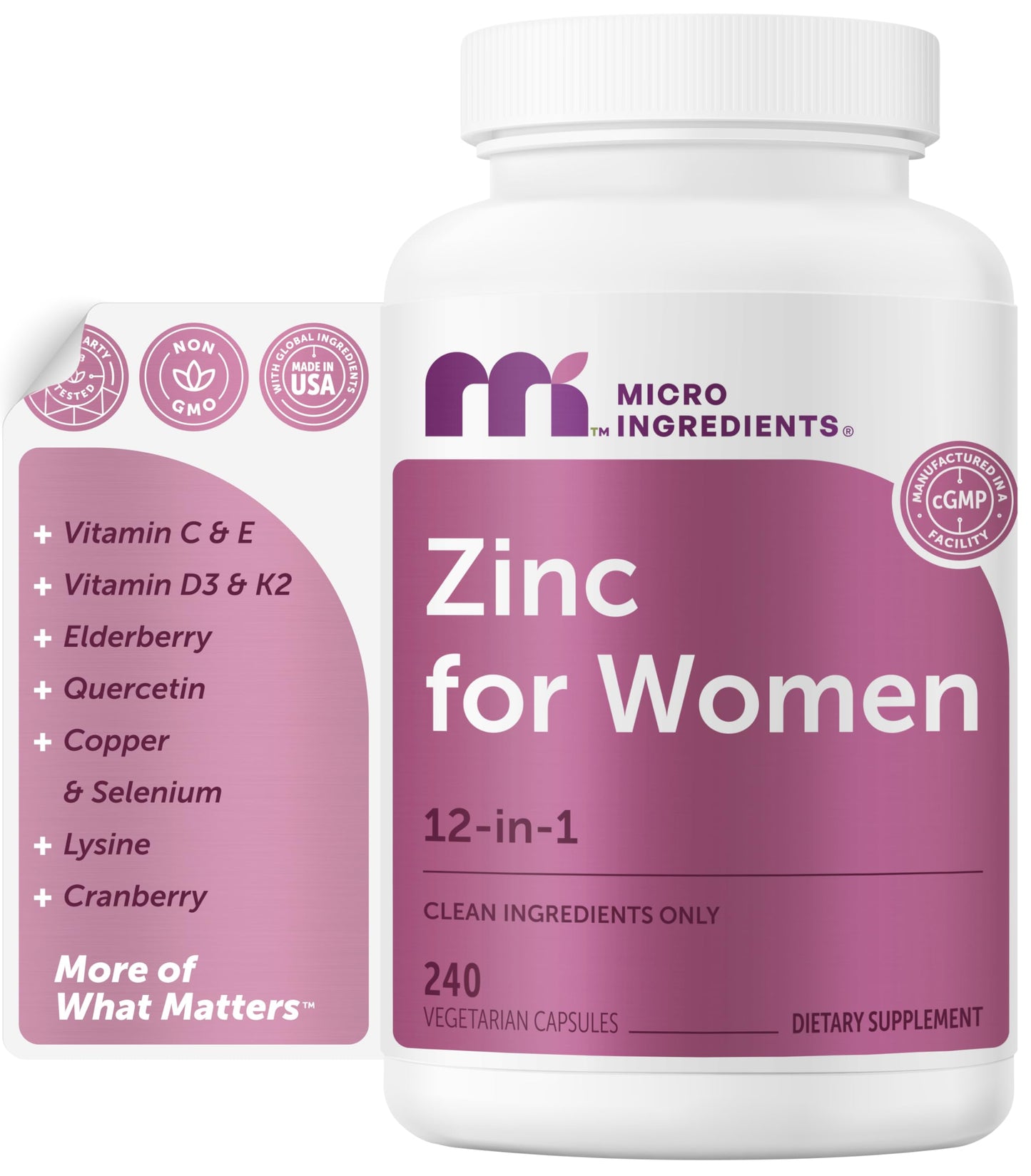 Micro Ingredients Zinc for Women, 30mg Zinc Picolinate 12-in-1 Immune Support Formula with Vitamins C, E & D3 + K2, Selenium, Copper, Quercetin & Lysine, Filler Free, Non-GMO, Gluten Free, 240 Veg Capsules