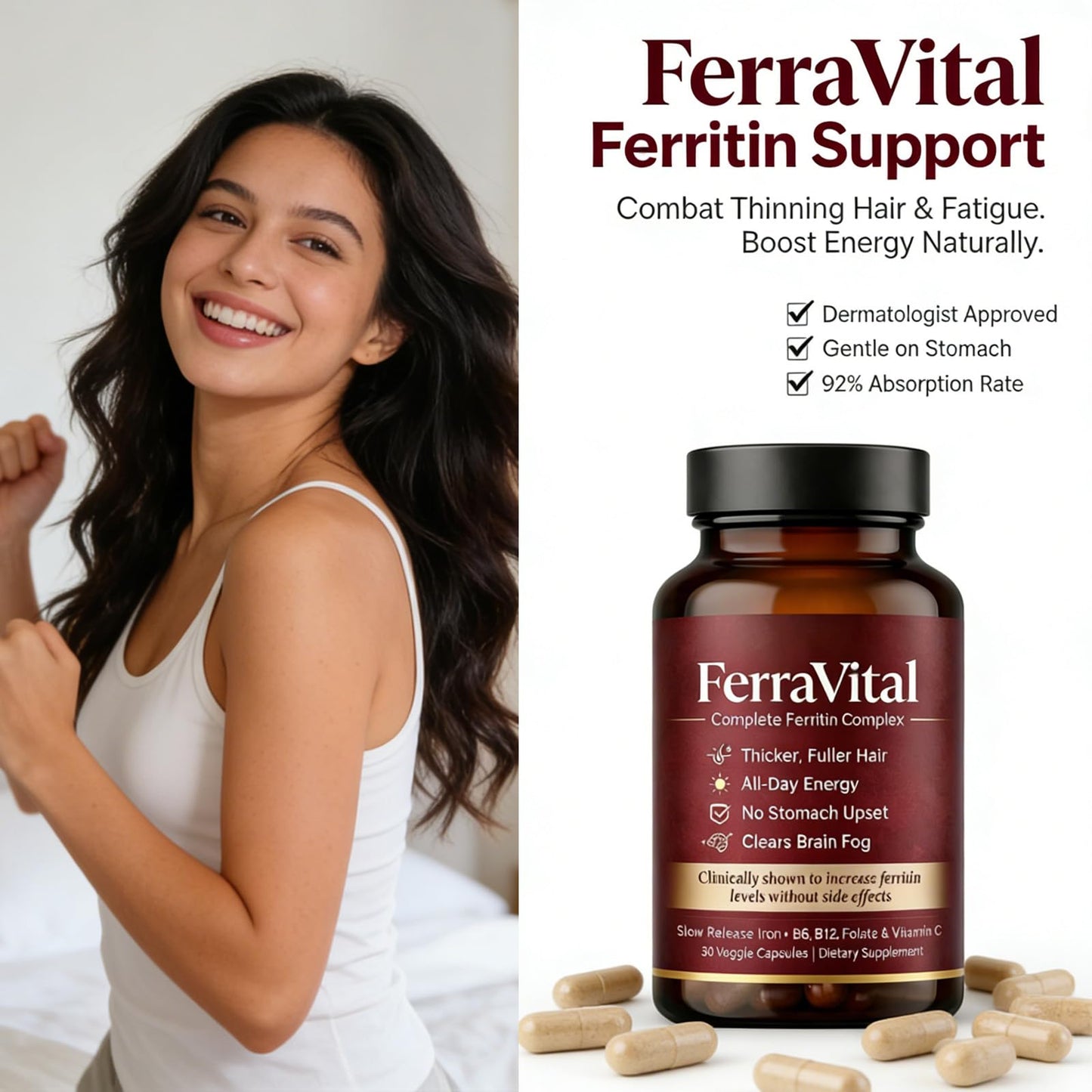 FerraVital Ferritin Supplement for Women – Supports Healthy Iron & Energy Levels – with Ferrous Glycine, Vitamins C, B12, B6, Folate, Zinc & Probiotics – 60 Capsules