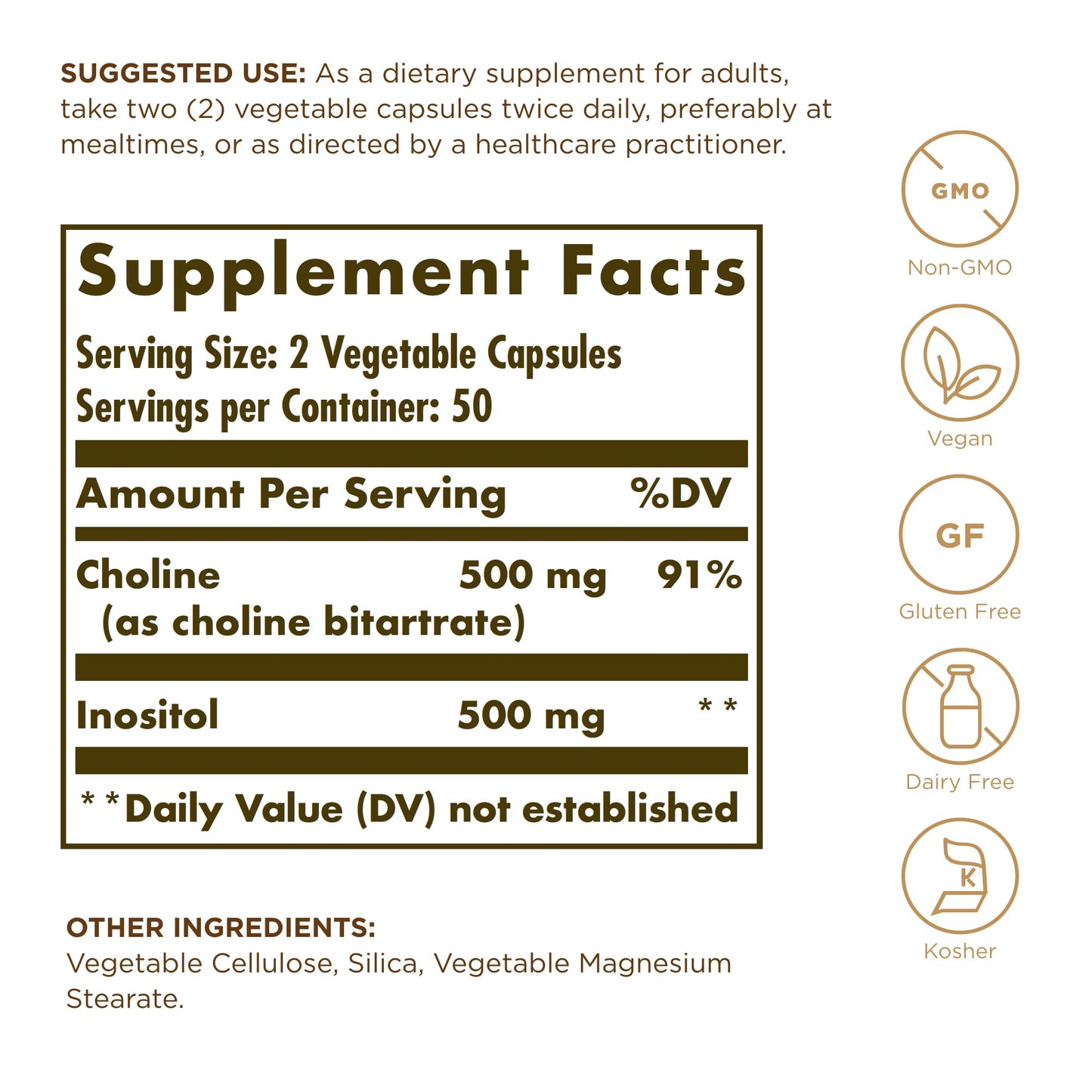 Solgar Choline/Inositol 500 mg/500 mg Vegetable Capsules, 200 Count