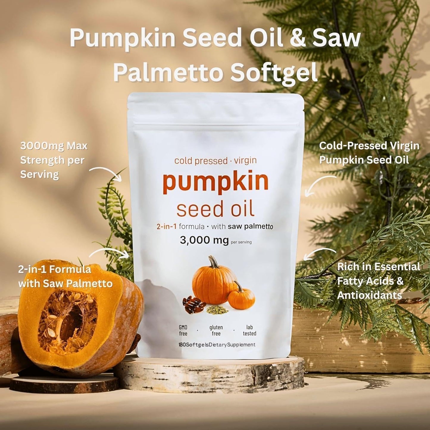 HWAXIGO Pumpkin Seed Oil with Saw Palmetto Softgels 180 Count