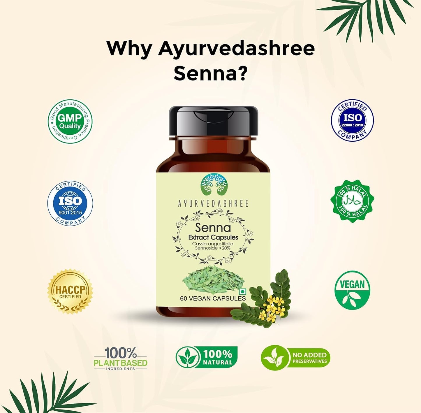 AYURVEDASHREE Senna Extract 500mg Capsules, 60 Count