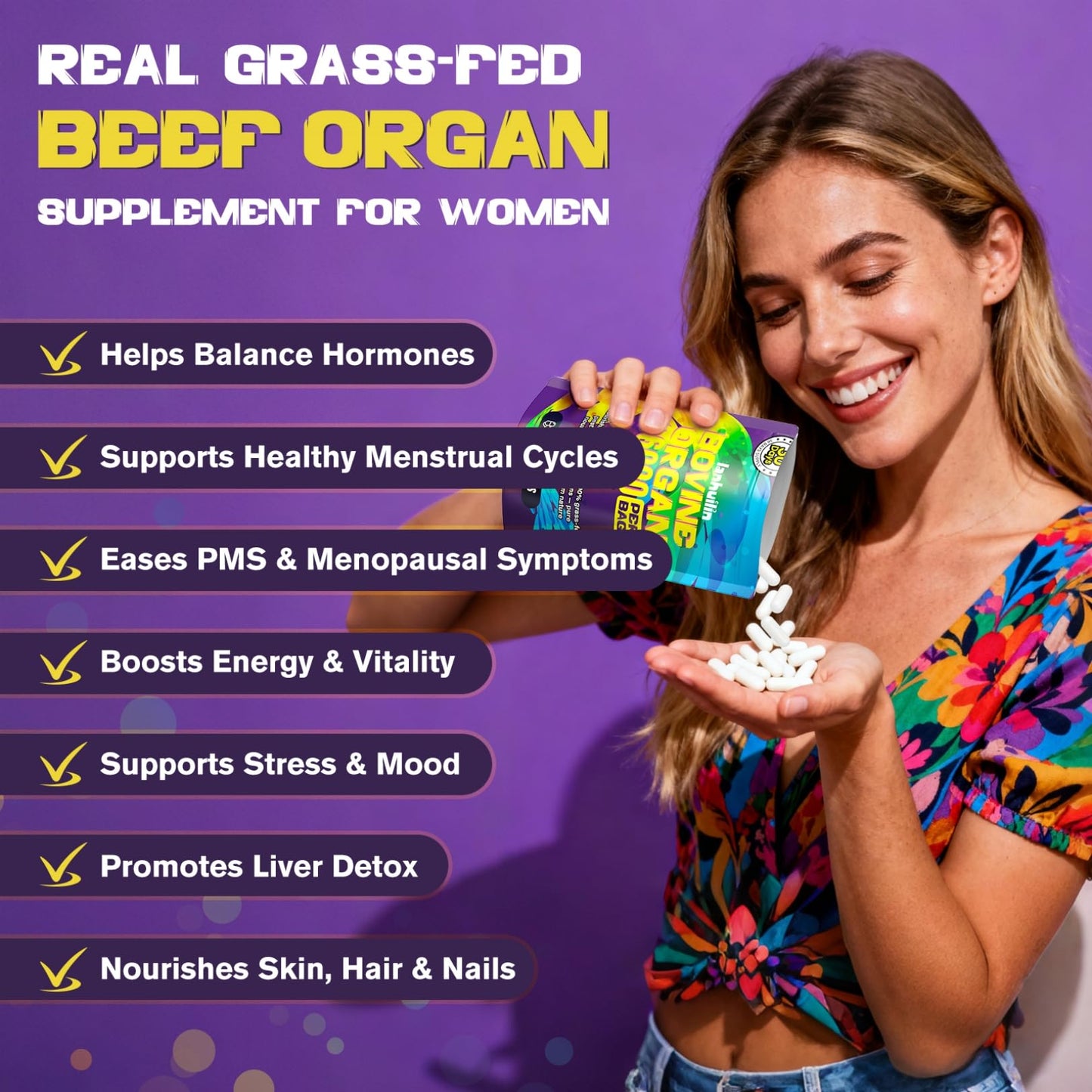 Lanhuilin Beef Organ Supplement for Women - 100% Grass Fed Beef Organs with Bovine Liver, Ovary, Uterus, Kidney, Heart & Fallopian Tubes - PMS, Menopause & Energy, Immune & Mood Support, 120 Capsules