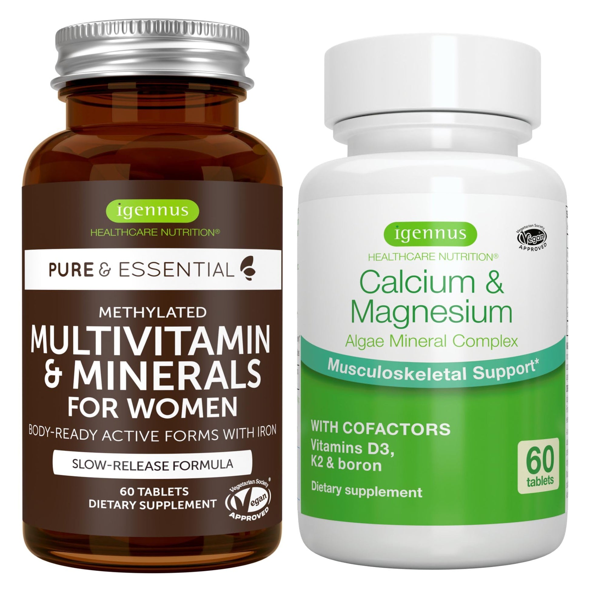 Igennus Healthcare Nutrition Multivitamin & Minerals for Women + Calcium & Magnesium Complex Vegan Bundle, Sustained Release Advanced Multivitamin + 2:1 Plant Based Algae Mineral Complex Capsules, 2 Capsules