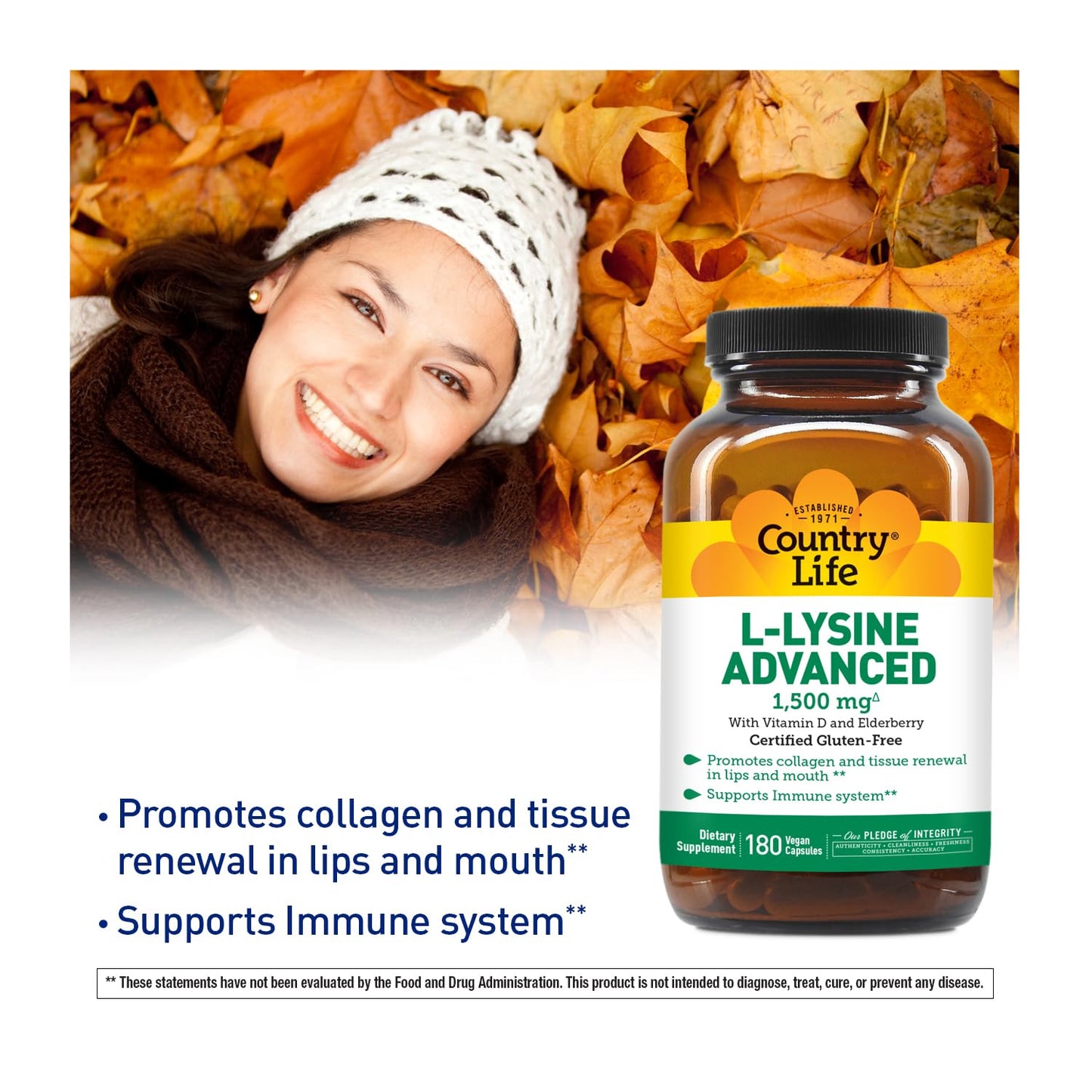 Country Life L-Lysine 1500mg Capsules with Vitamin D & Elderberry – Advanced Immune Support and Collagen Renewal – Gluten-Free & Vegan, 180 Count