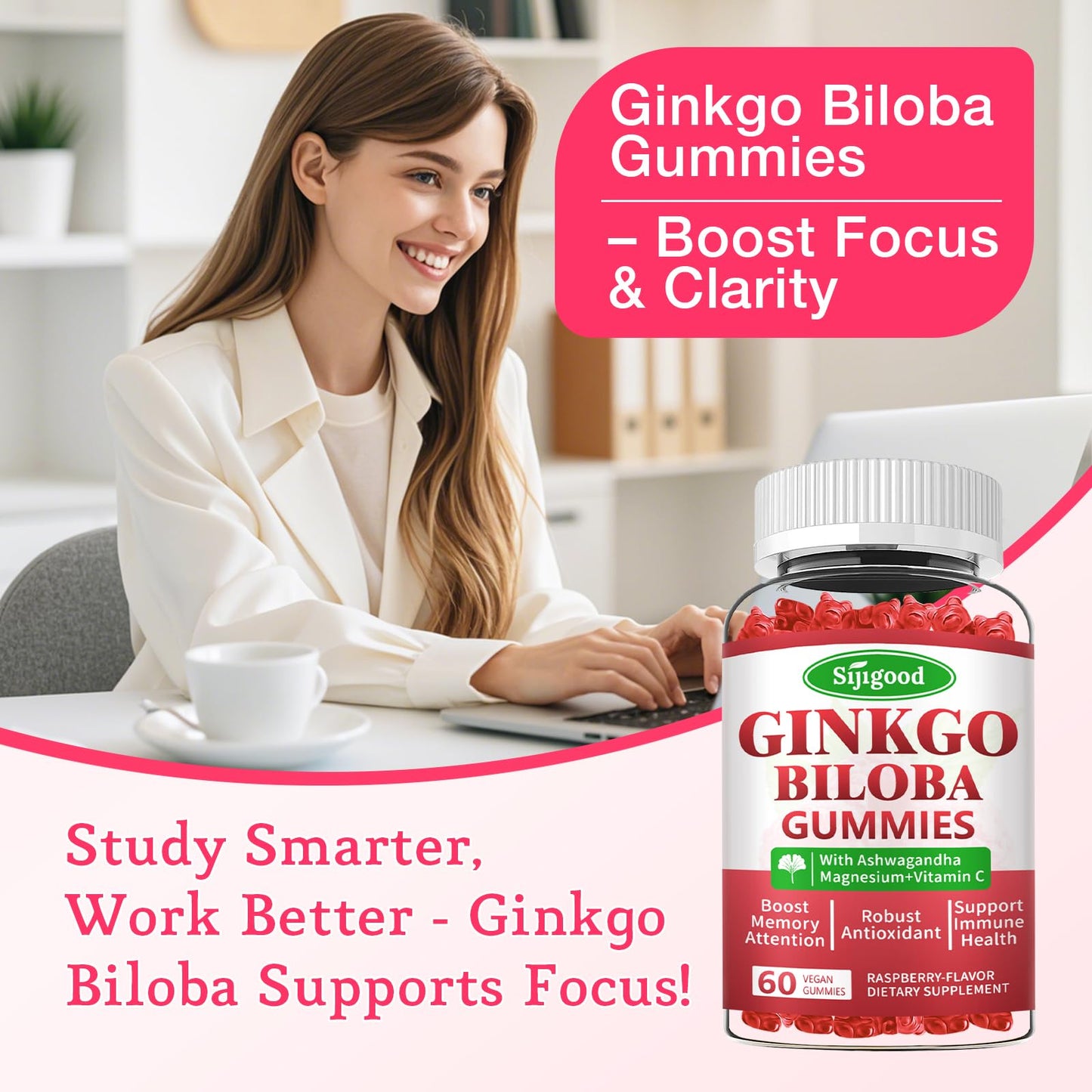 Sijigood Ginkgo Biloba Gummies with Panax Ginseng and Magnesium, Gummy, 60 Count