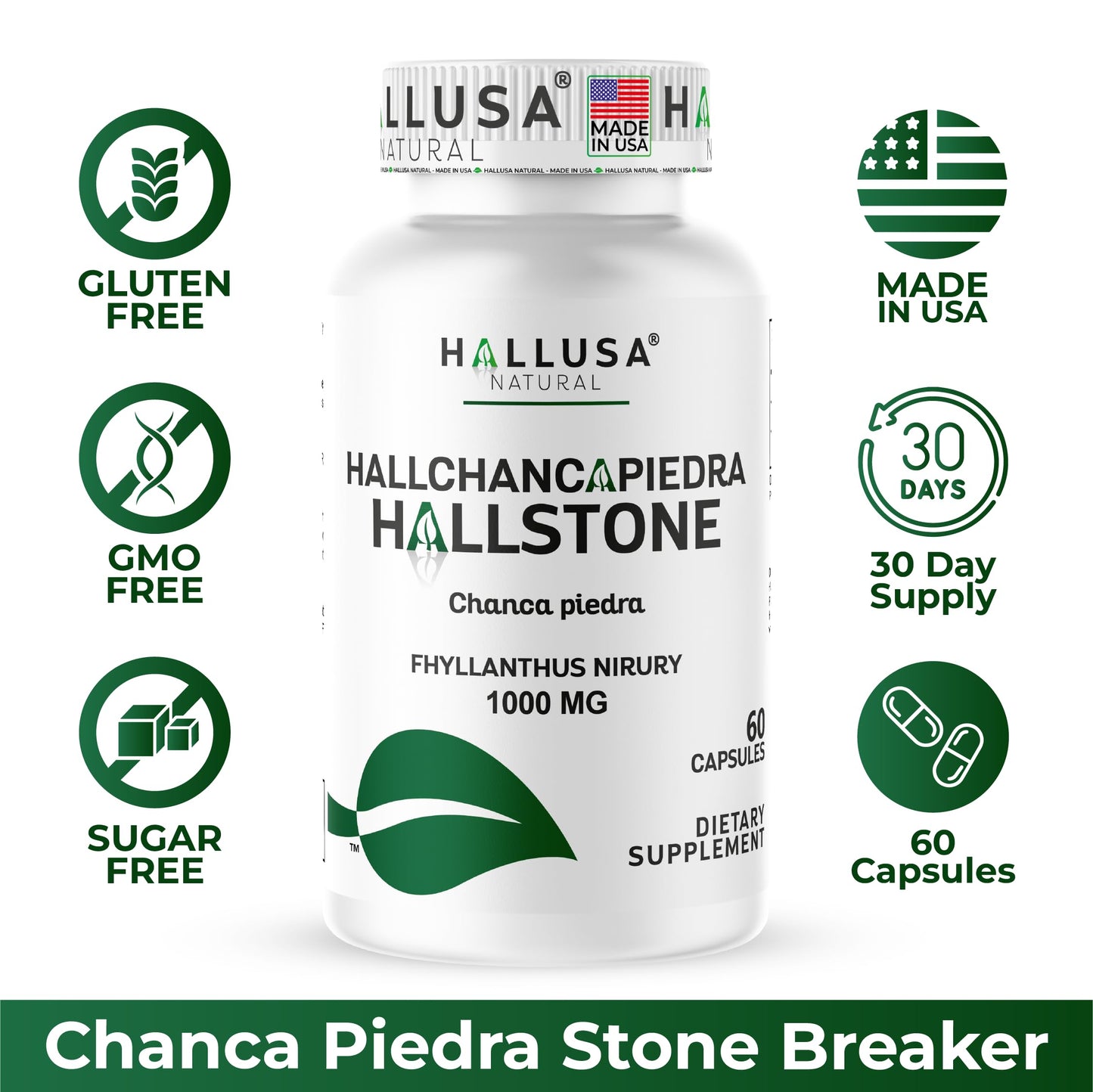 Hallusa Natural HallChancapiedra - Chanca Piedra Stone Breaker Capsules 1000mg, Kidney, Urinary, Bladder & Gallbladder Support Supplement, Non-GMO, 60 Capsules