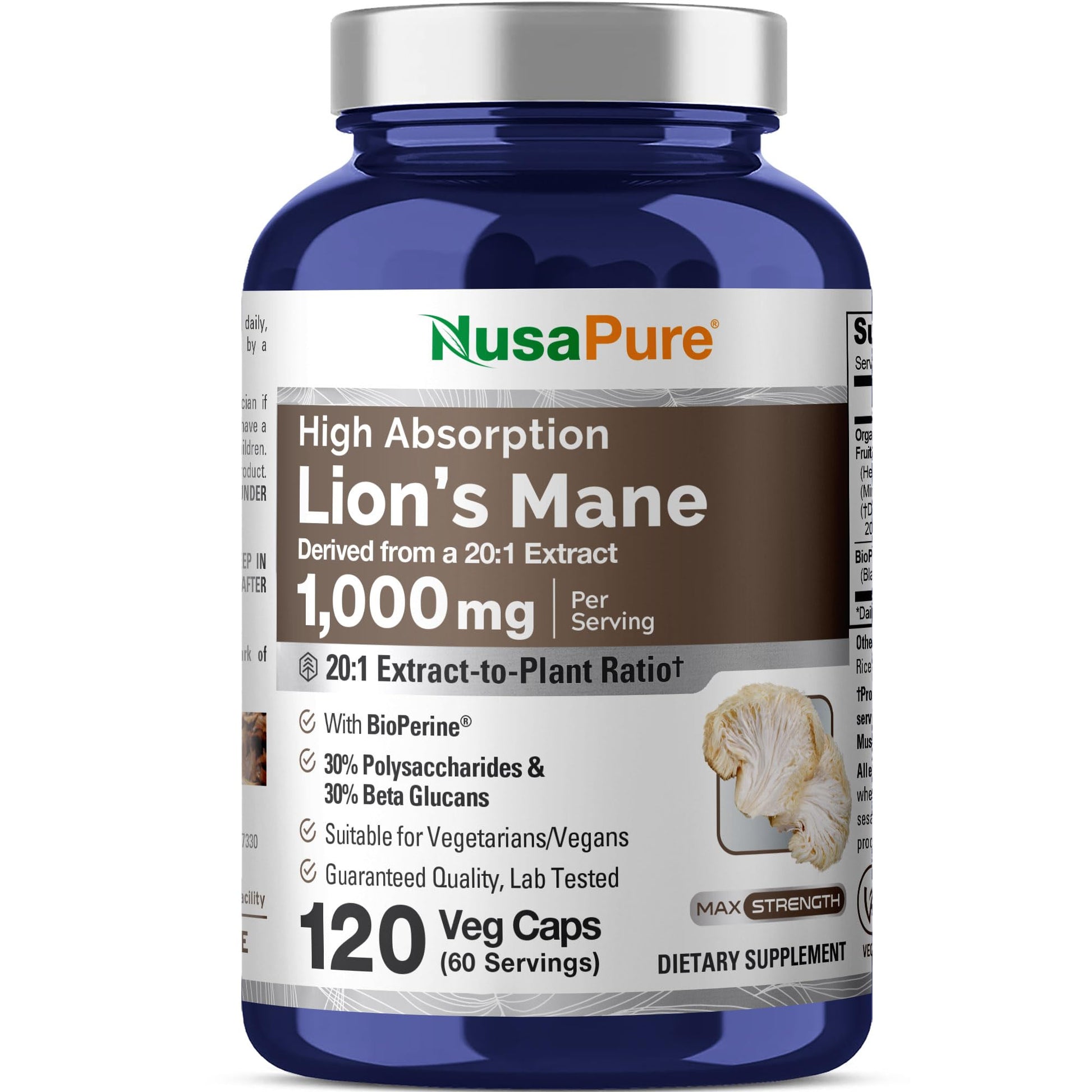NusaPure Lions Mane Capsules 1000 mg, 120 Veg Capsules