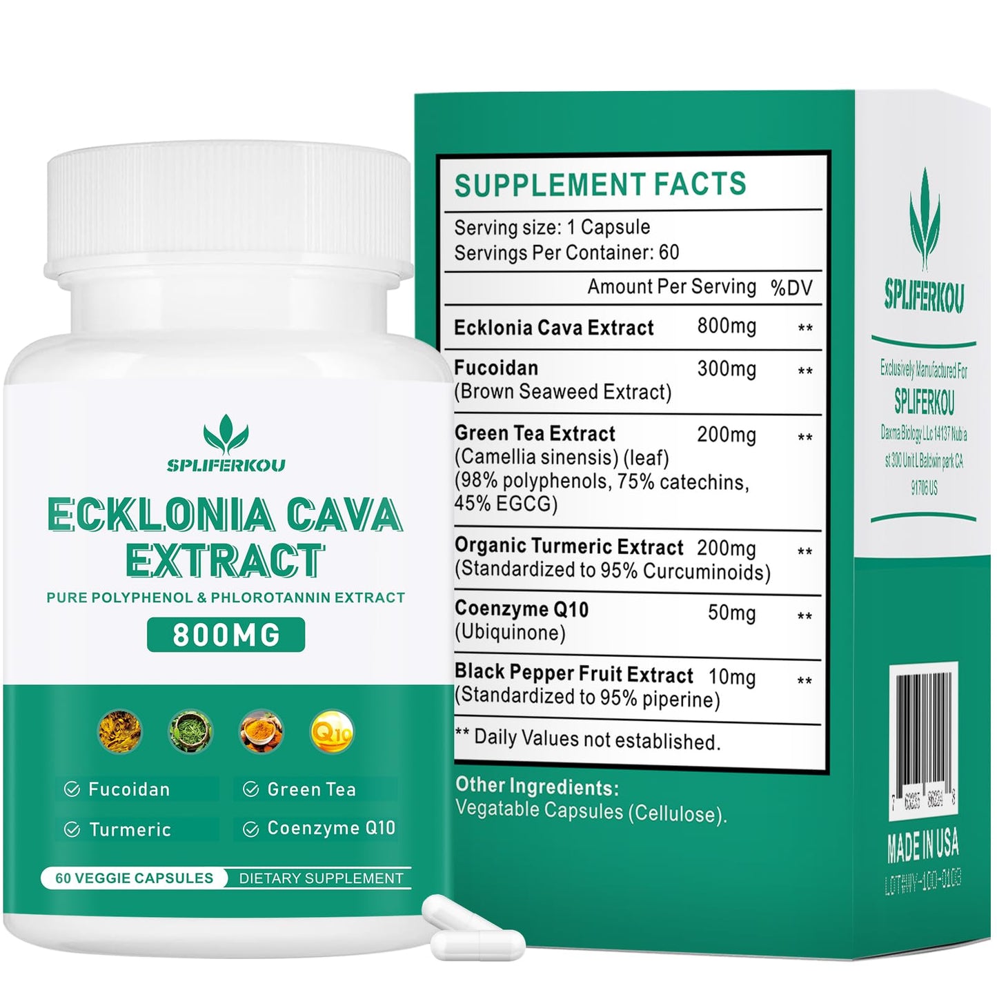 Spliferkou Ecklonia Cava Extract 800mg Veggie Capsules, 60 Count