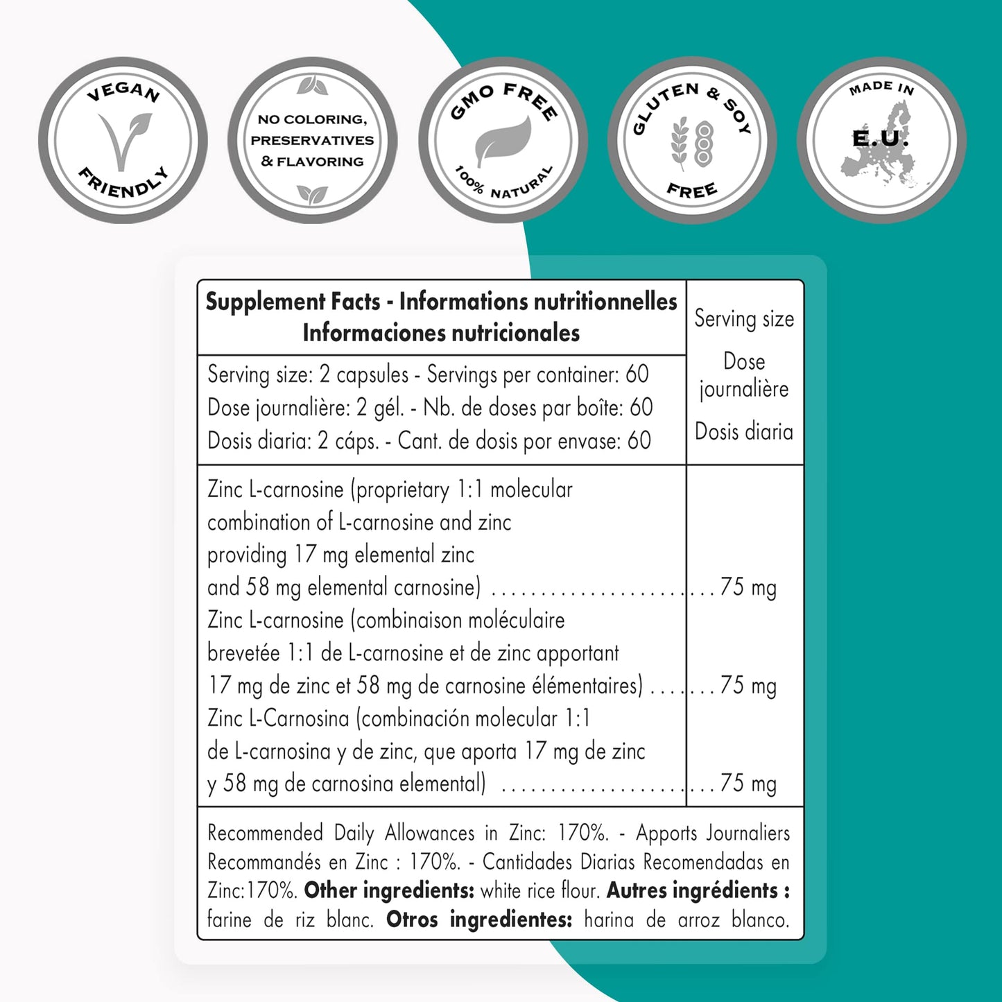 Supersmart Zinc L-Carnosine + Betaine HCl (Gastric Health) Vegetarian Capsules, 240 Capsules