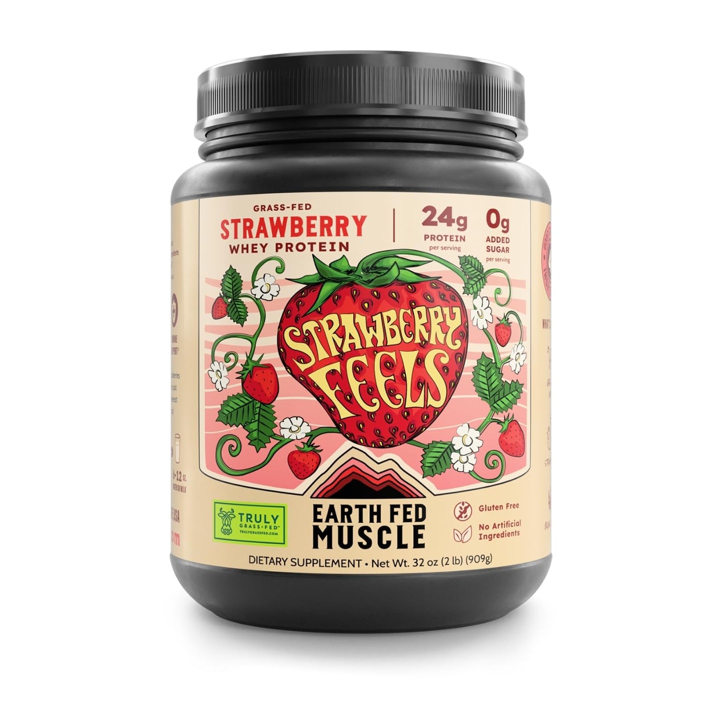 Earth Fed Muscle Strawberry Feels Forever Irish Grass Fed Whey Protein Isolate Powder, 32 Servings