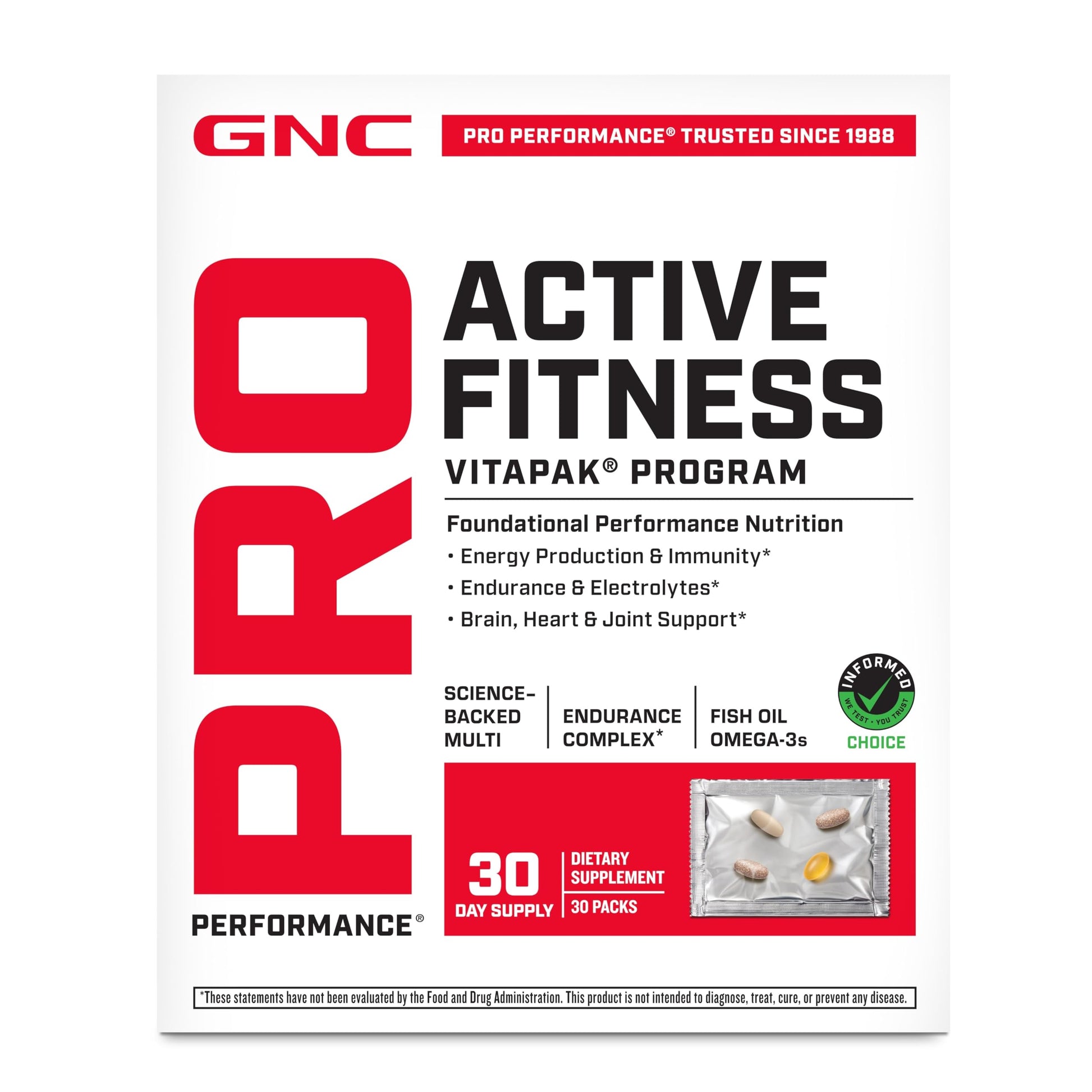 GNC Pro Performance Active Fitness Vitapak Program Daily Multivitamin for Energy, Immunity & Endurance Support Electrolytes & Omega-3s Travel-Friendly Packets Gluten-Free 30 Tablets