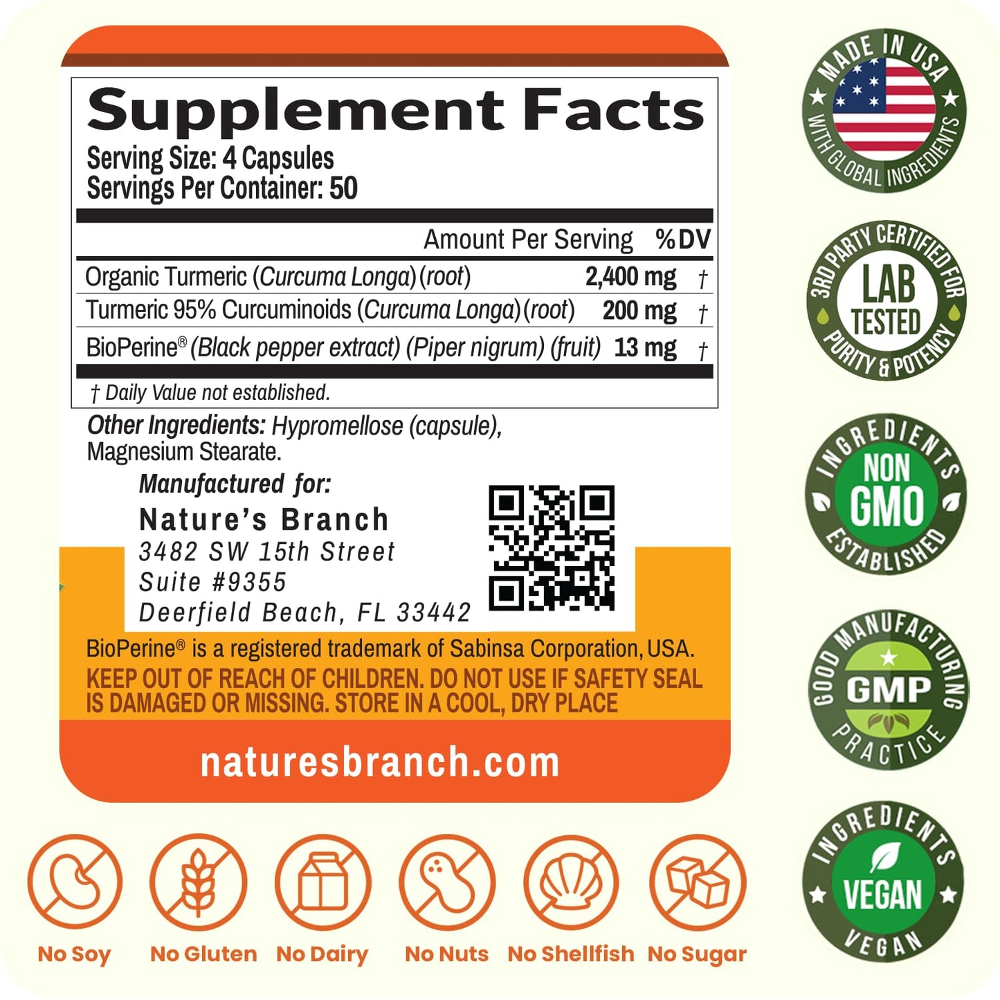 Nature's Branch Turmeric Curcumin Supplement 2600mg Capsules, 200 Count