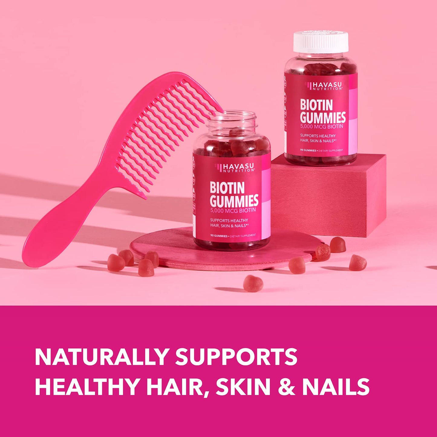 HAVASU NUTRITION Biotin 5000mcg Gummies - Hair, Skin and Nails - Vitamin B7 - Strawberry, 90 Count