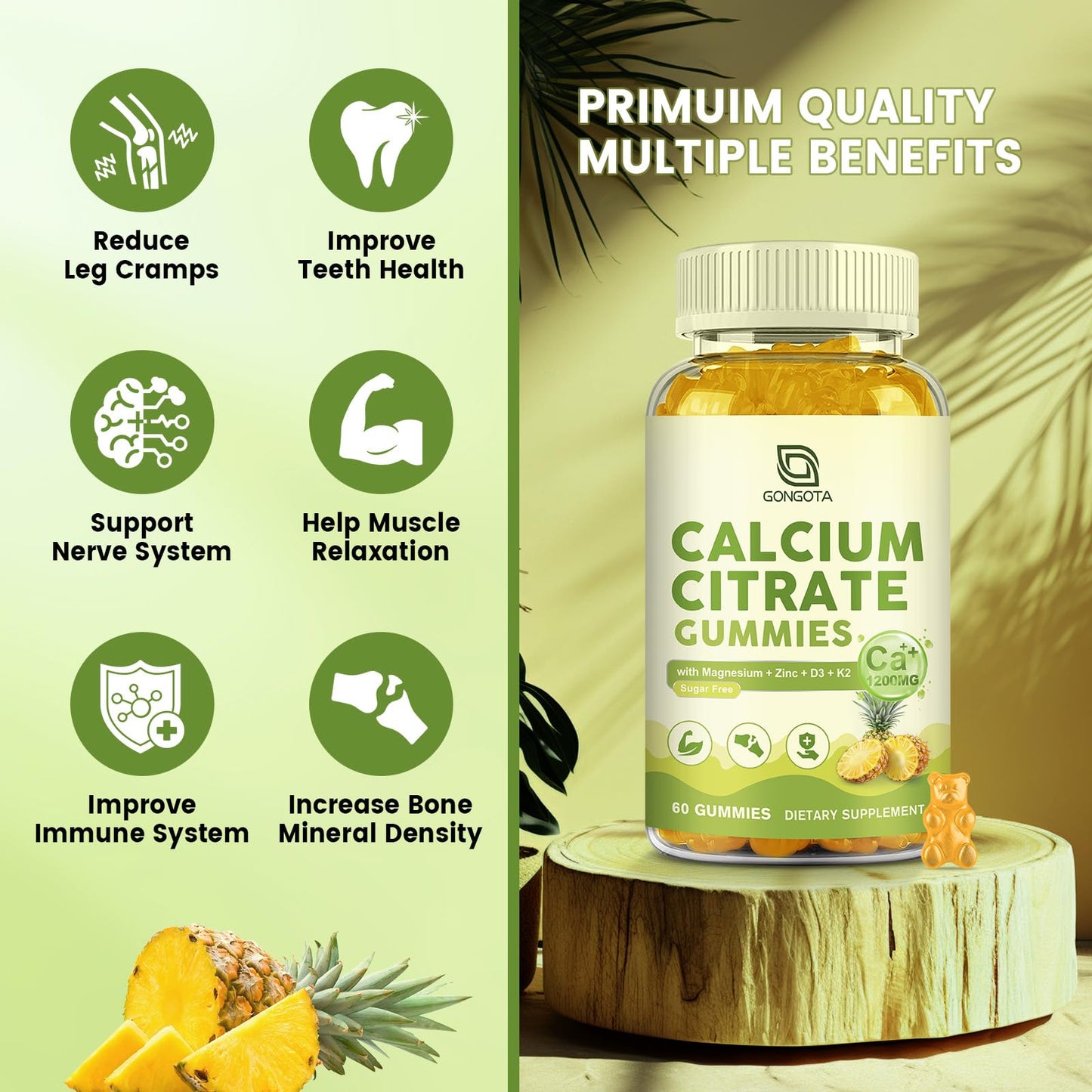 GONGOTA Calcium Citrate 1200mg with Vitamin D3 Gummies for Women, Sugar Free Pineapple Flavor, 60 Gummies