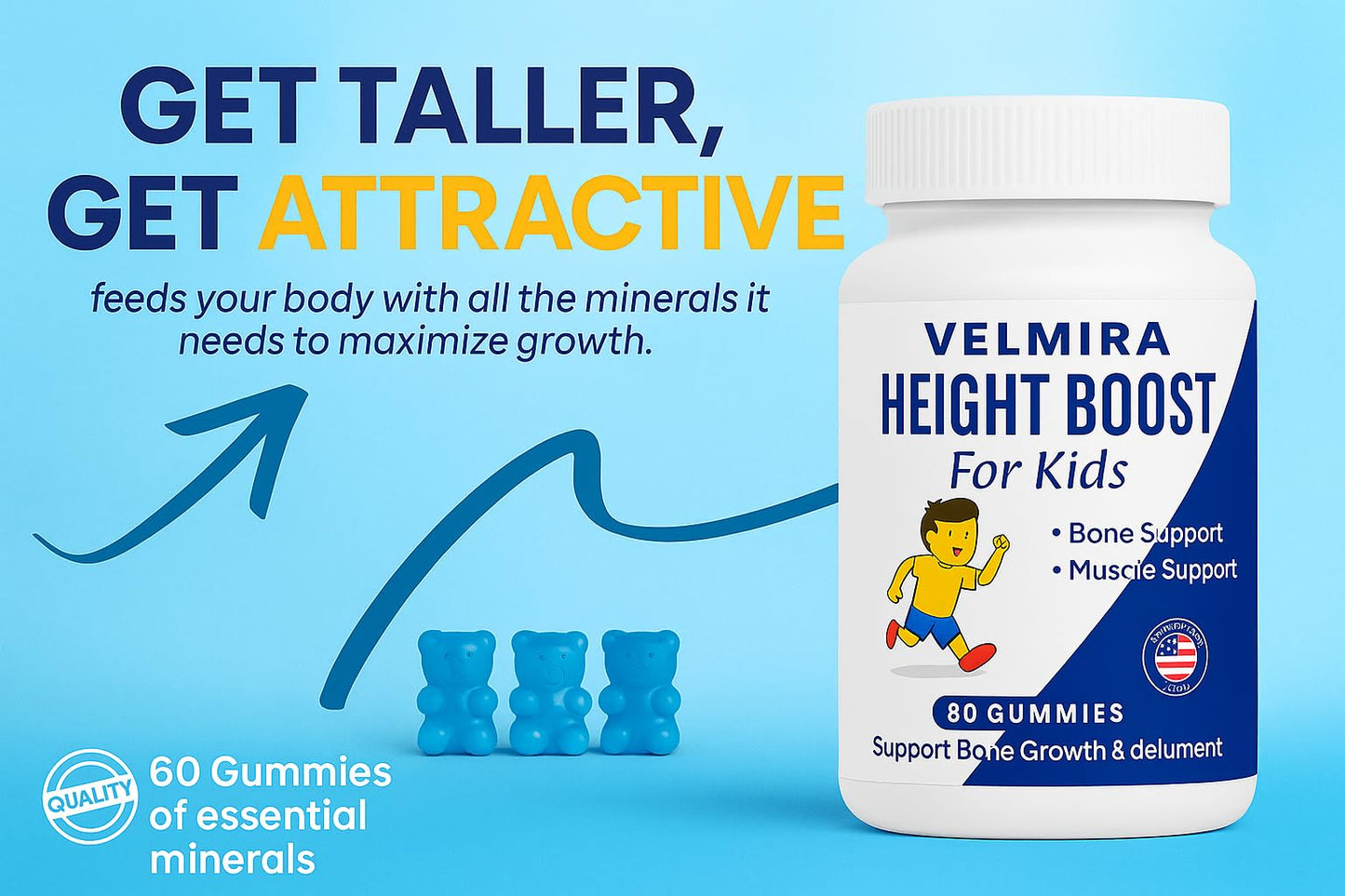 Velmira Heightener Gummies for Bone Health & Development Support – Essential Vitamins & Minerals, Easy-to-Chew Gummies for Kids, Teens & Adults (Ages 5+), 60 Gummies