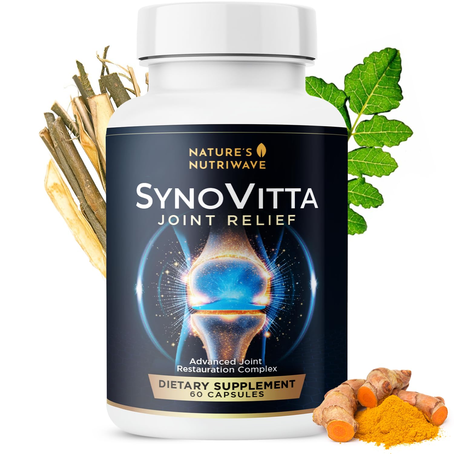 Nature’s NutriWave SynoVitta Natural Joint Support Supplement with MSM, Glucosamine, Turmeric & Boswellia, 60 Capsules